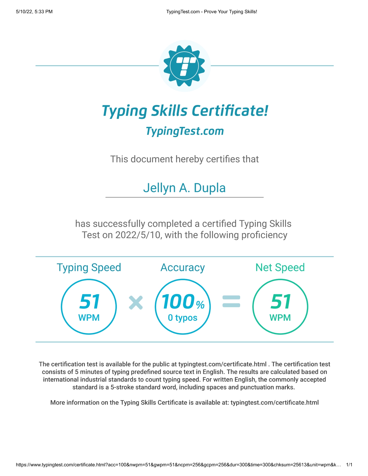 Typing Skills Certificate