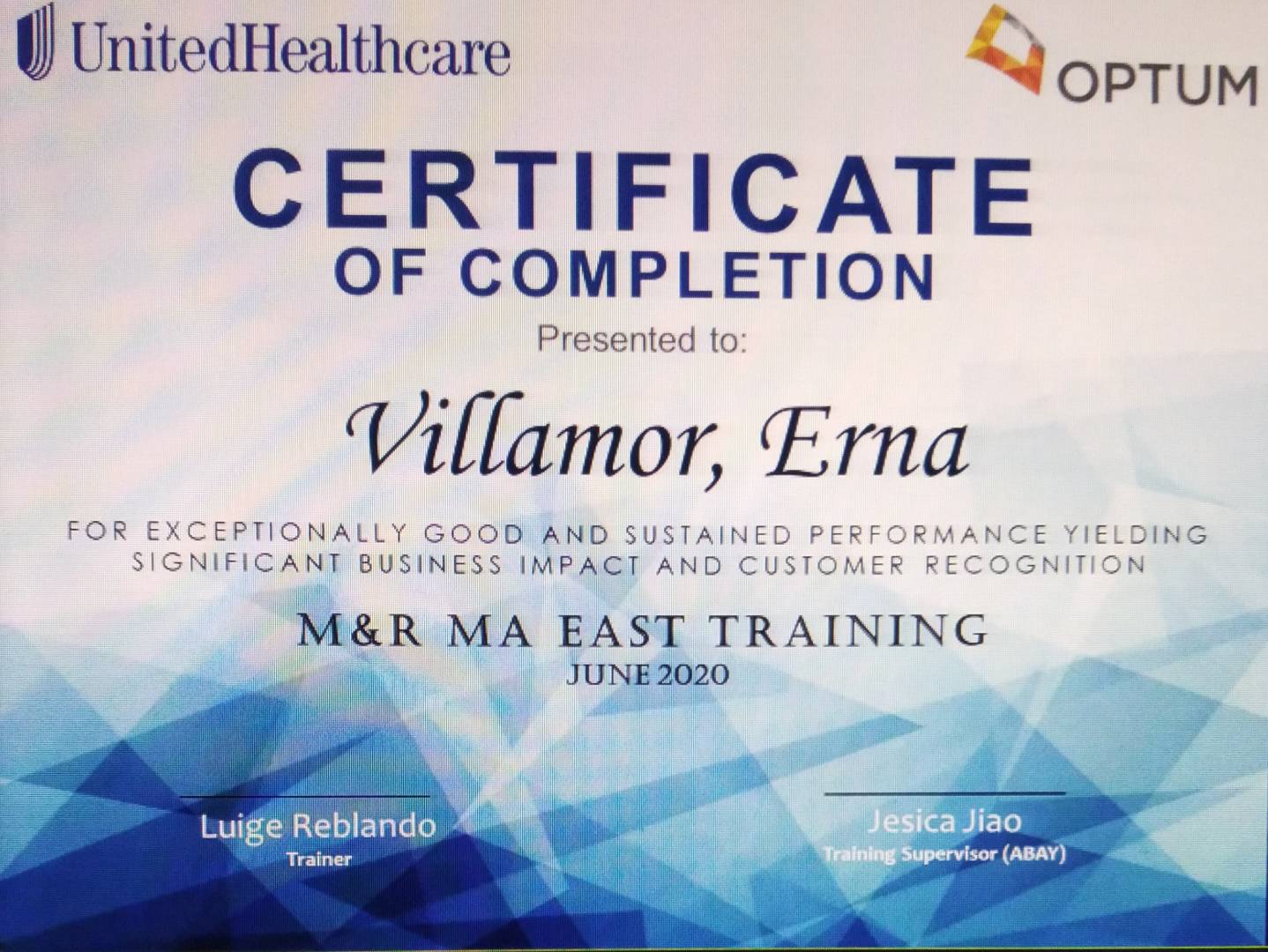 Certificate of completion for Medicare Advantage Plan Training