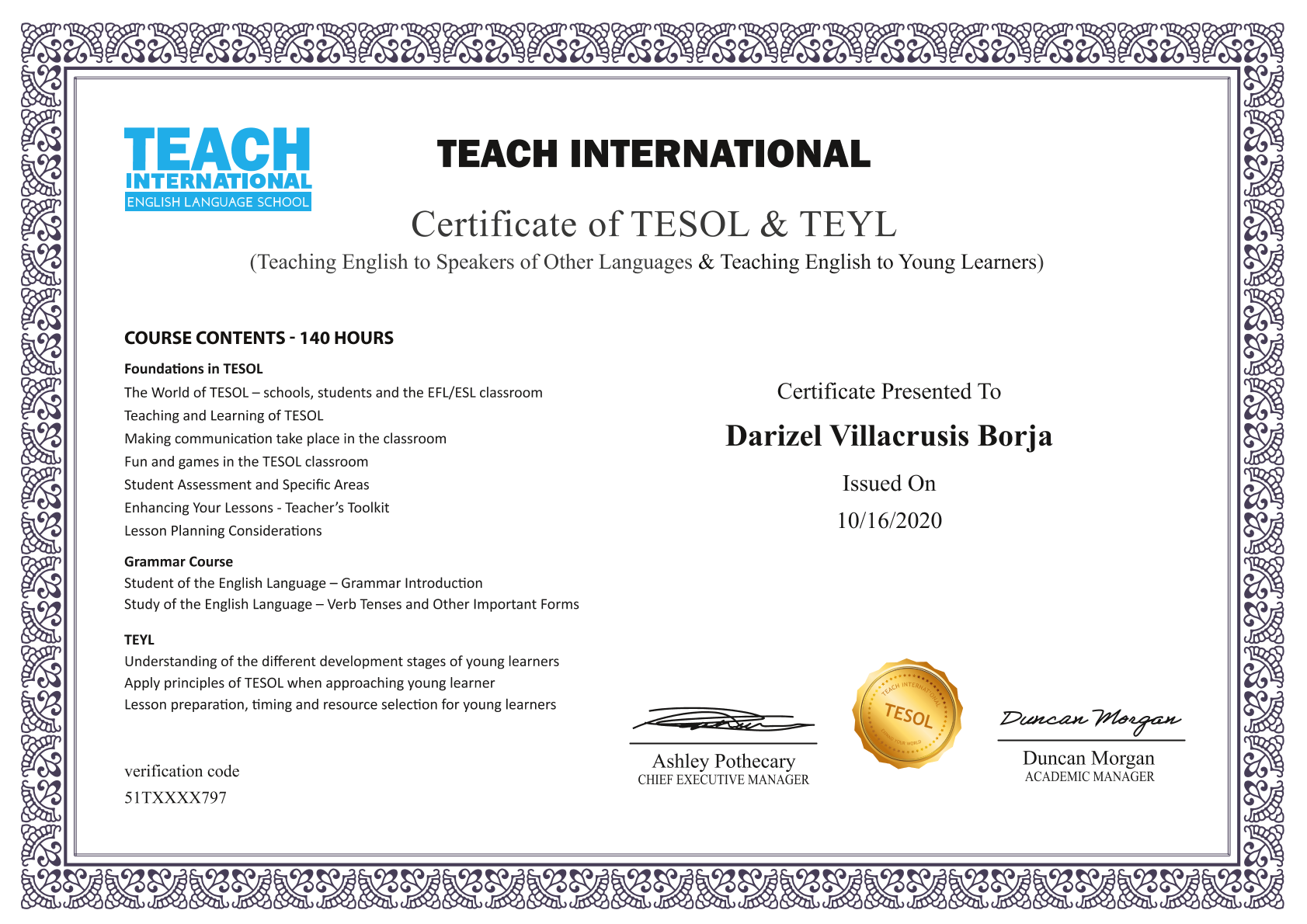 TEYL Certificate