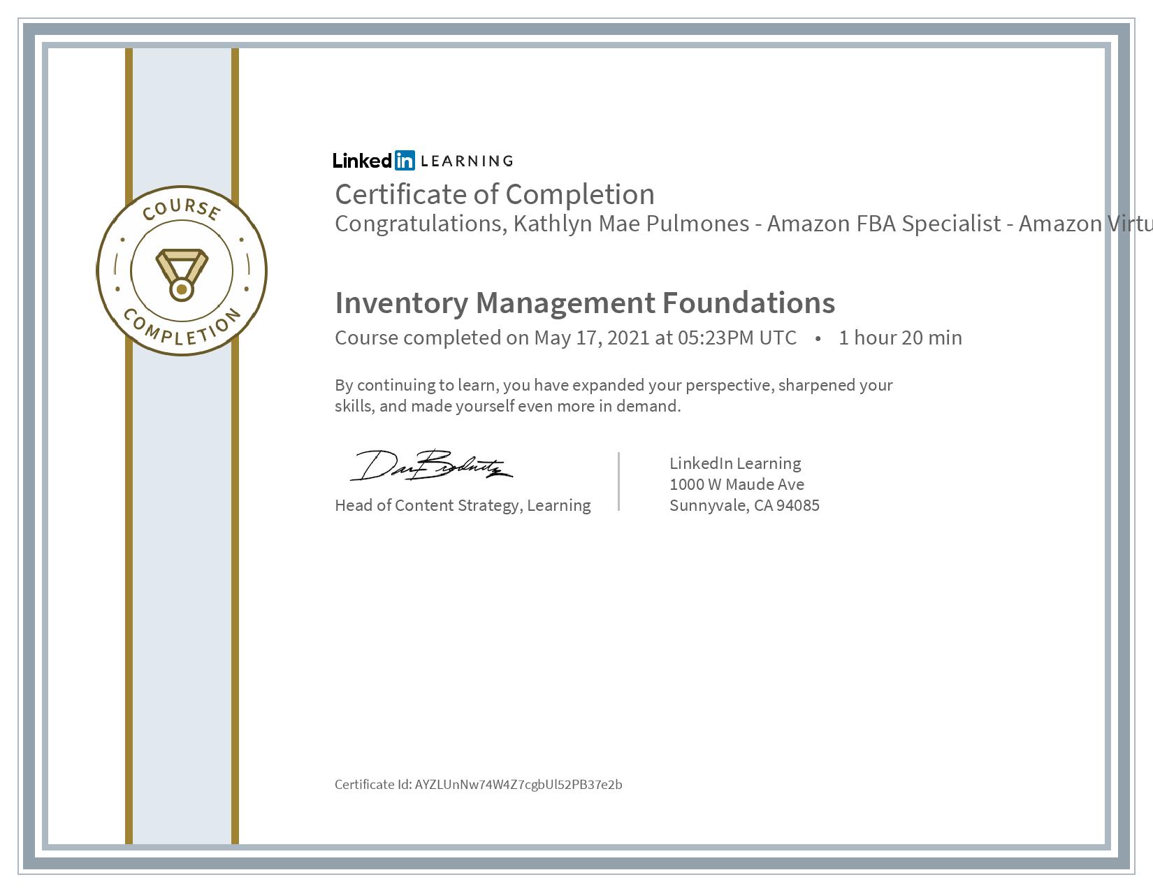 Cert of Completion - Inventory Mngmnt