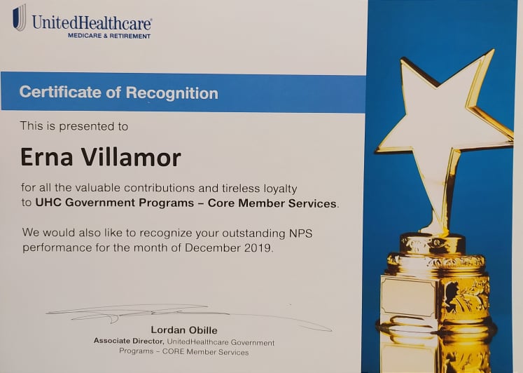 United Healthcare Certificate of Recognition /Top Performer for December 2019