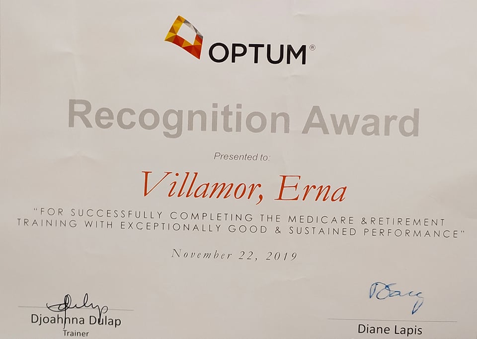 Optum Certificate of Completion for Medicare and Retirement Training