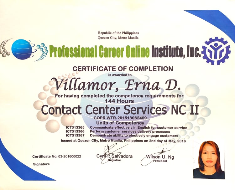 Professional Career Online institute Inc.Certificate of Completion for Contact Center services-NC-2