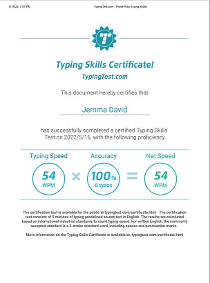 TYPING SKILLS CERTIFICATE