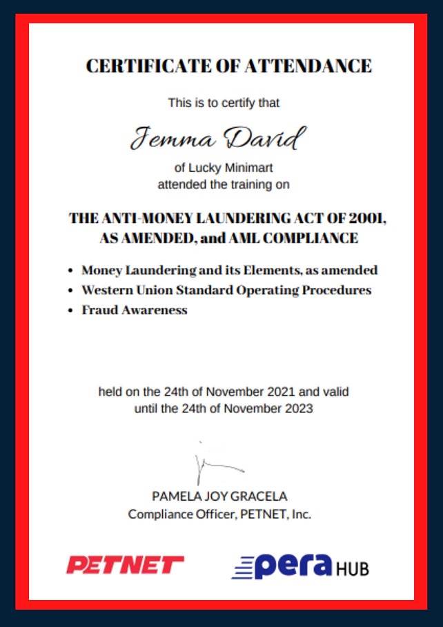 CERTIFICATE OF ATTENDACE (ANTI-MONEY LAUNDERING)