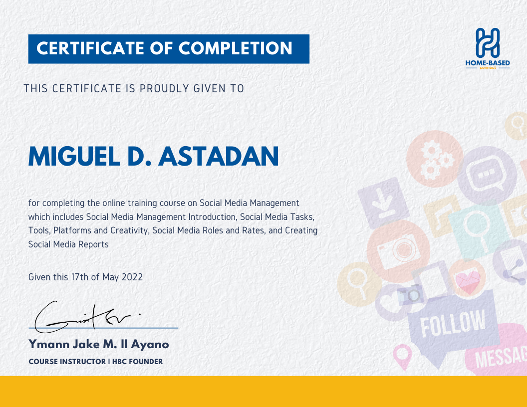 HBC Social Media Management Certificate of Completion