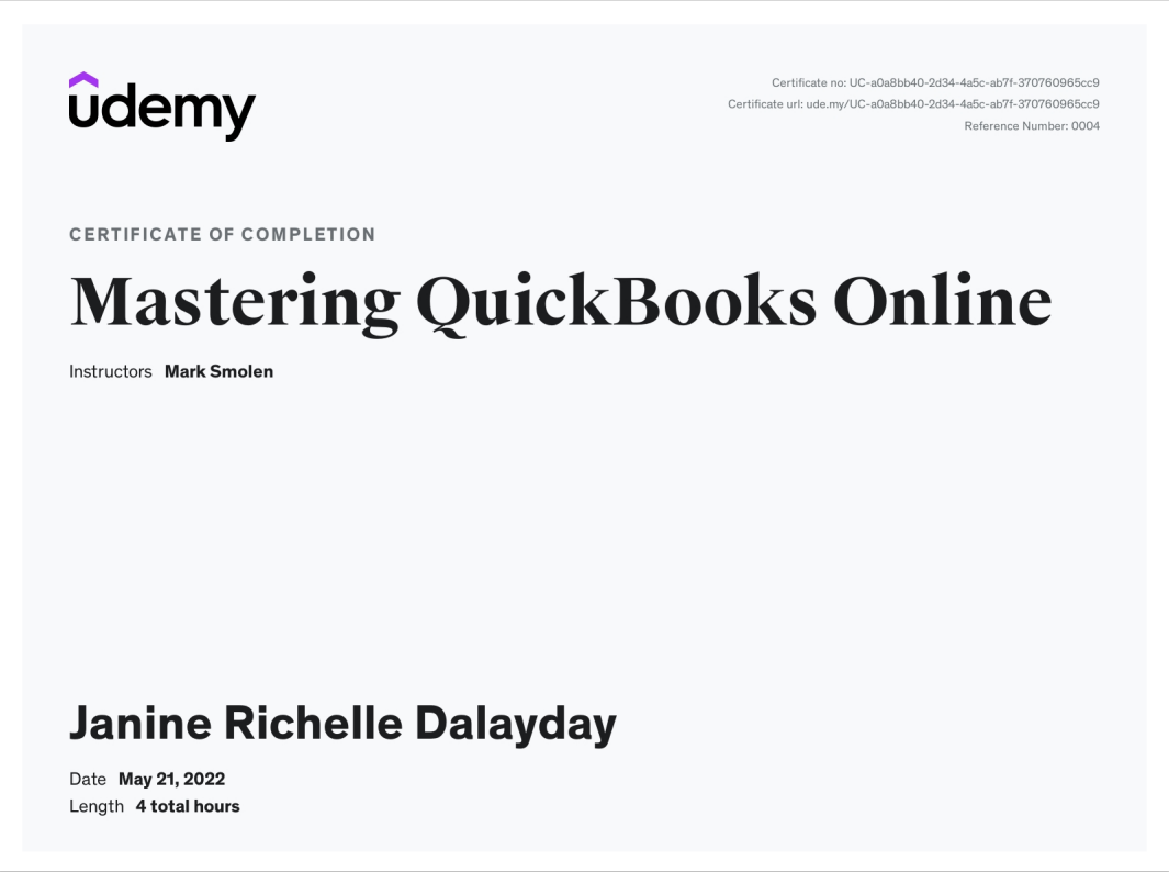 Udemy Quickbooks Certificate