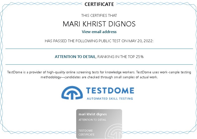 TESTDOME Certificate