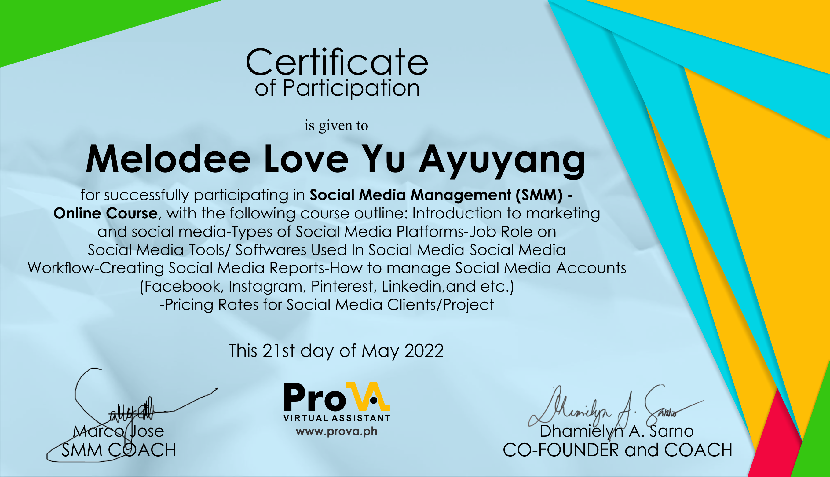 Certificate of Participation Social Media Management In-Depth Training