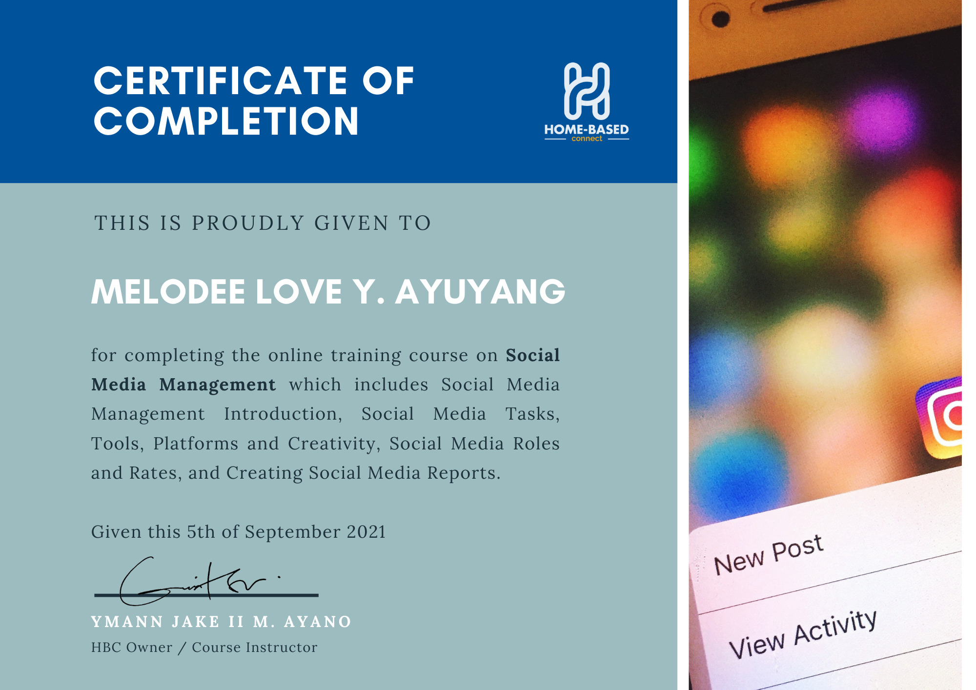 Certificate of Completion Social Media Management