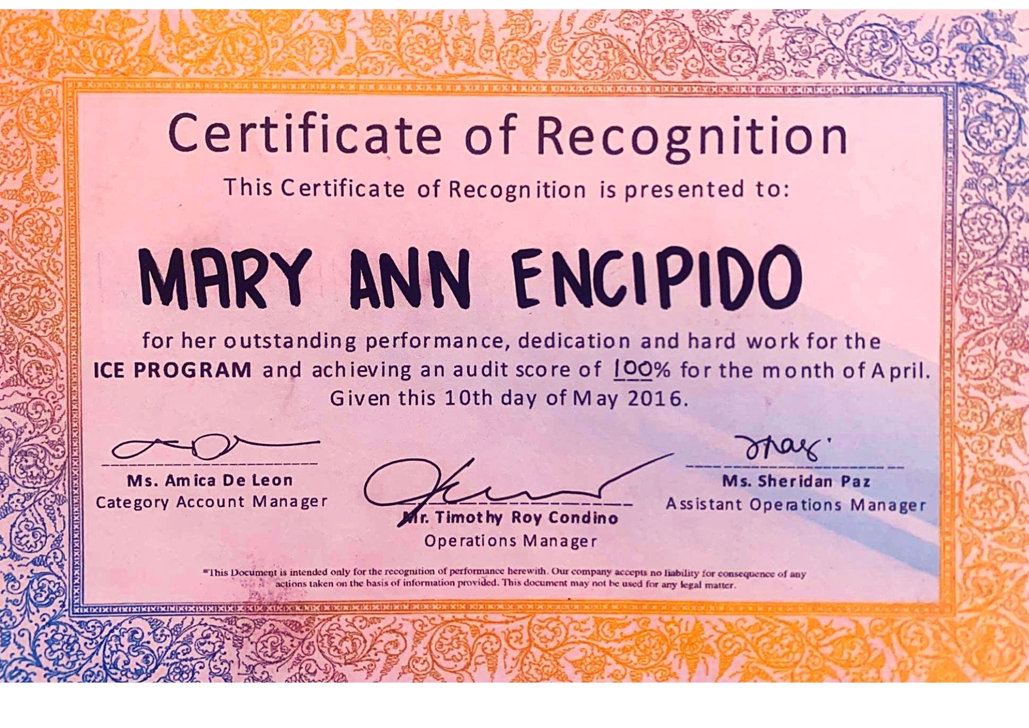 CERTIFICATE OF RECOGNITION