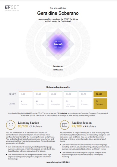 EF Standard Certification Test Certificate @ https://bit.ly/EFSETCert