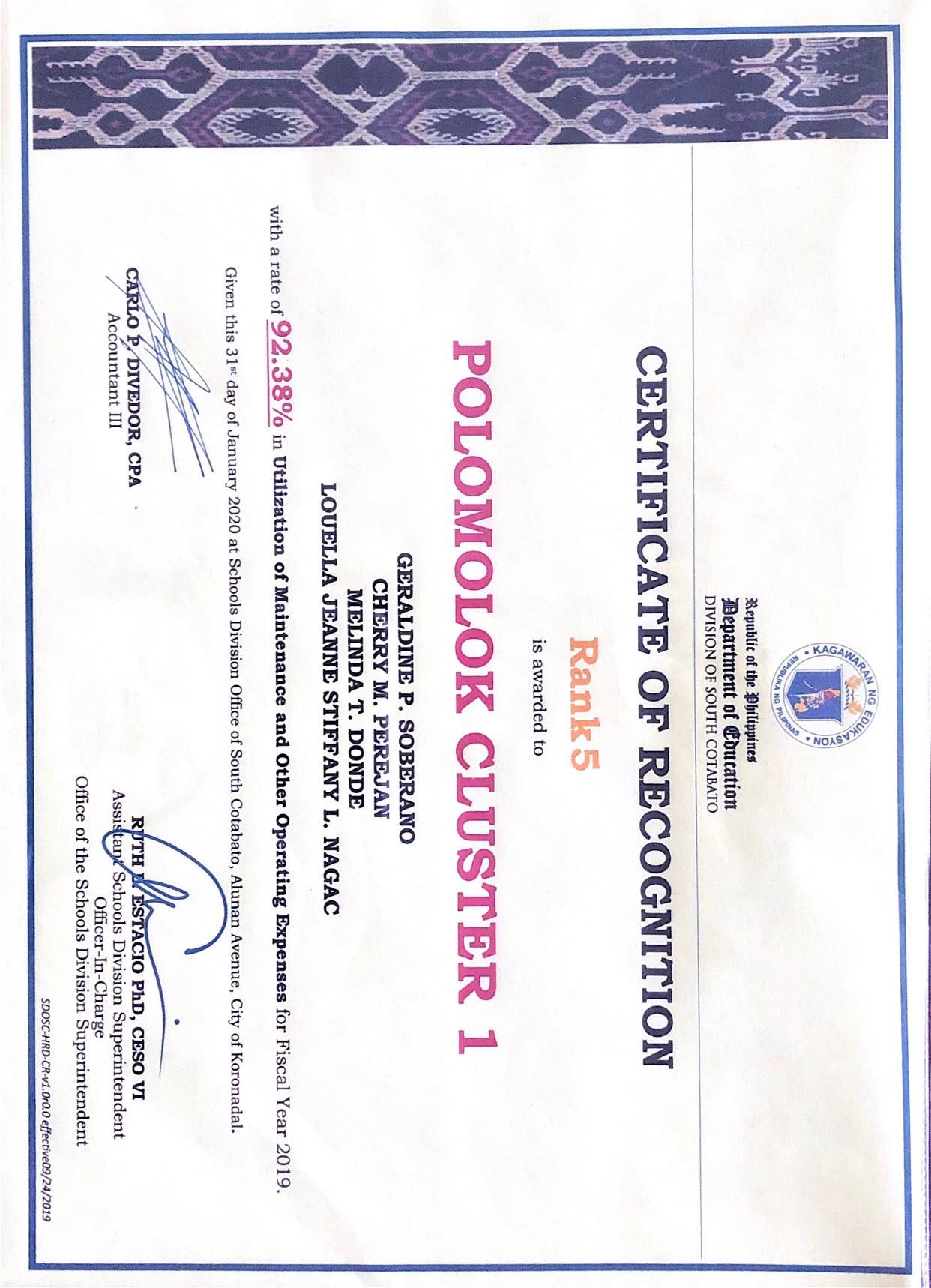 Rank 5 Recognition Certificate