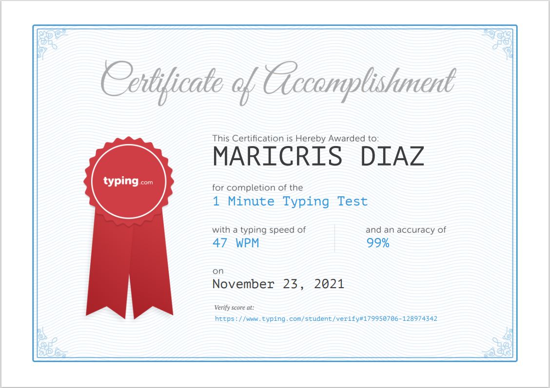 Word Per Minute Certificate