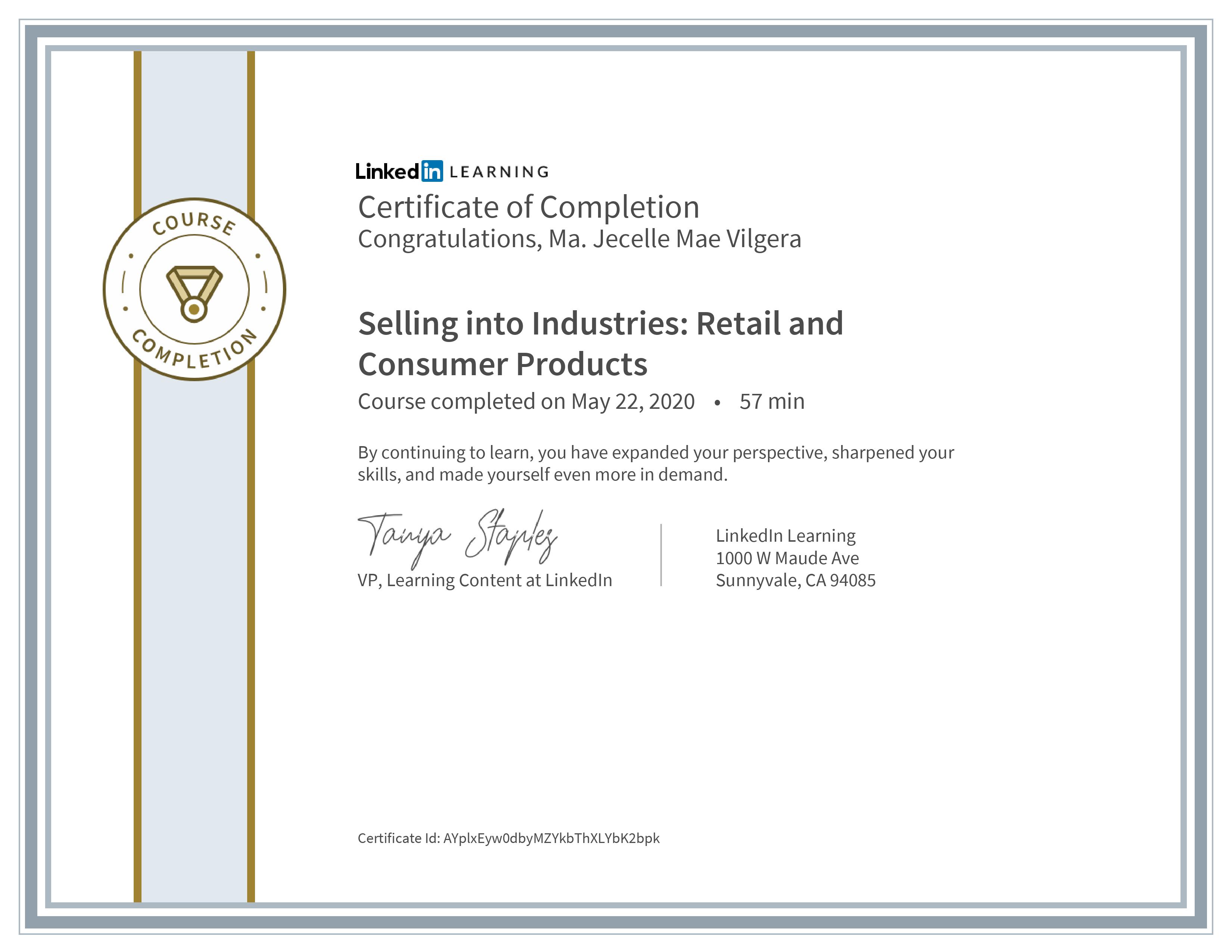 Certificate of Completing Selling into Retail Industries linked