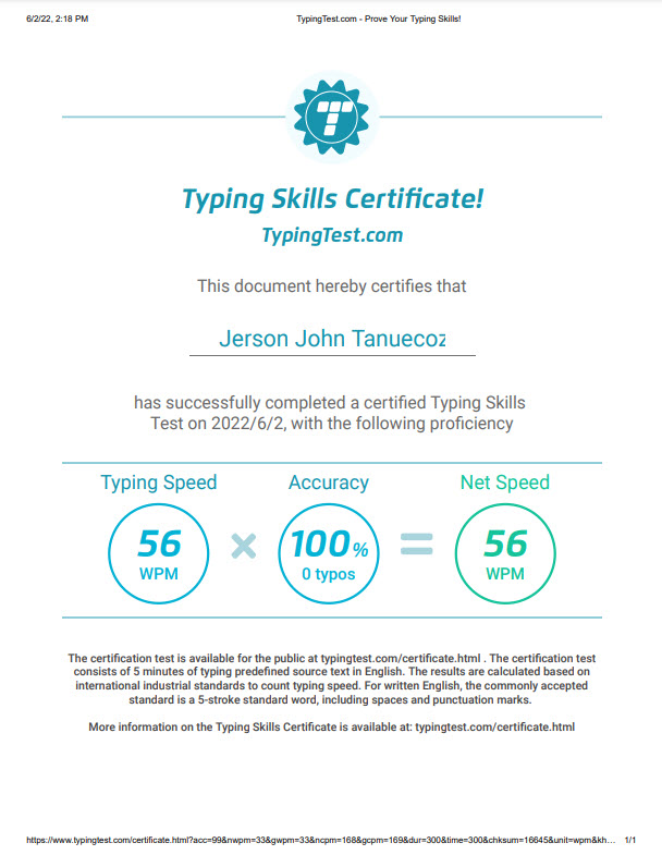 Typing Test Certificate