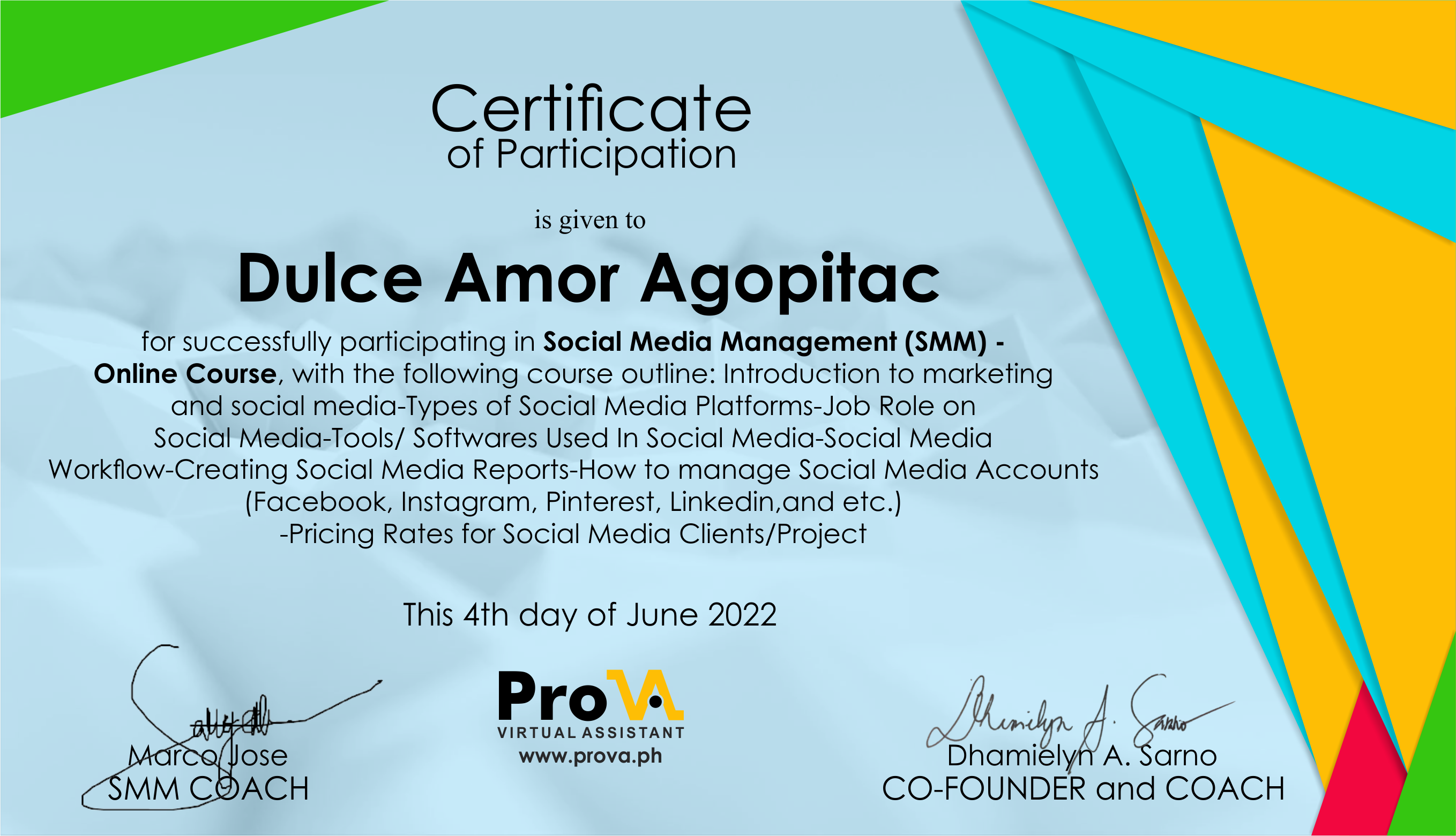 Certificate of Participation in Social Media Management (SMM) Online Course