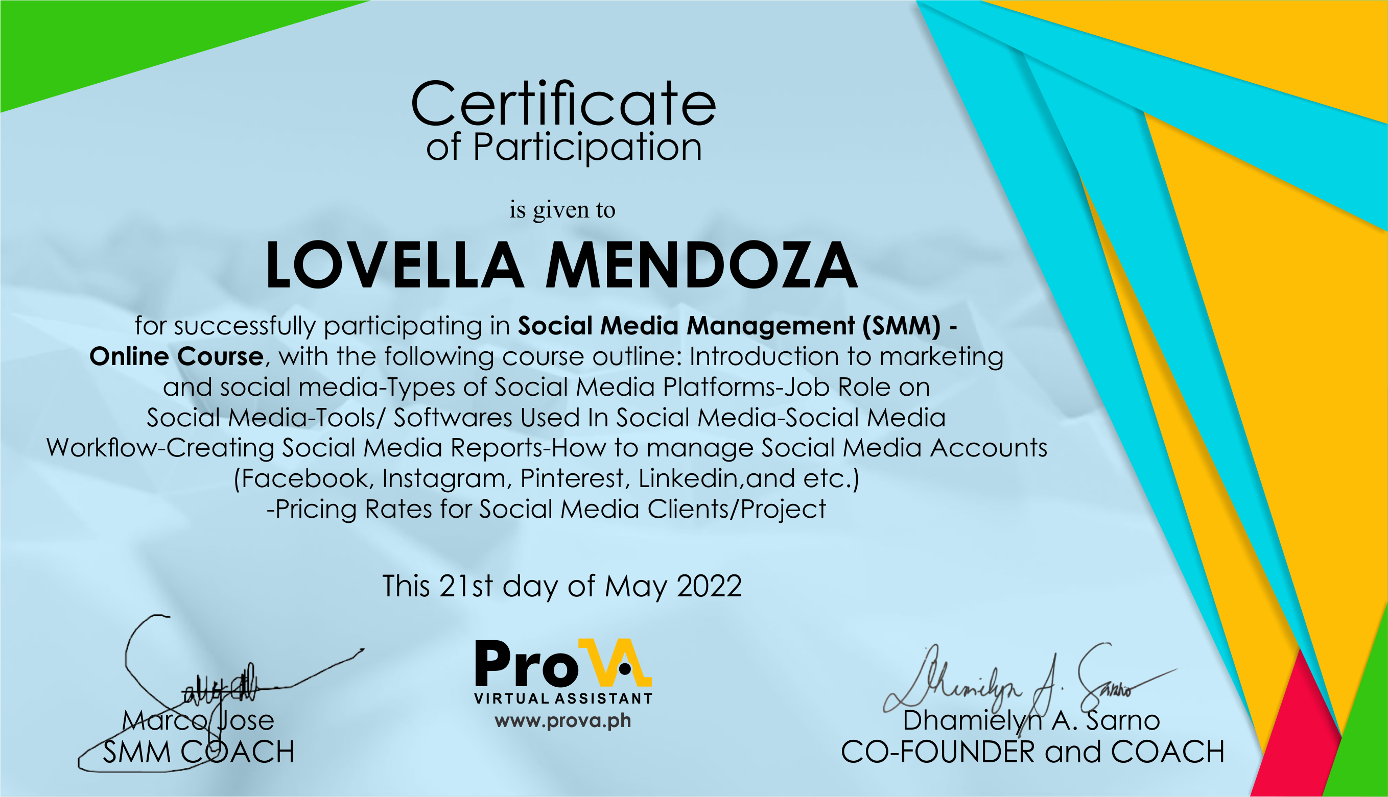 Social Media Management Training Certificate