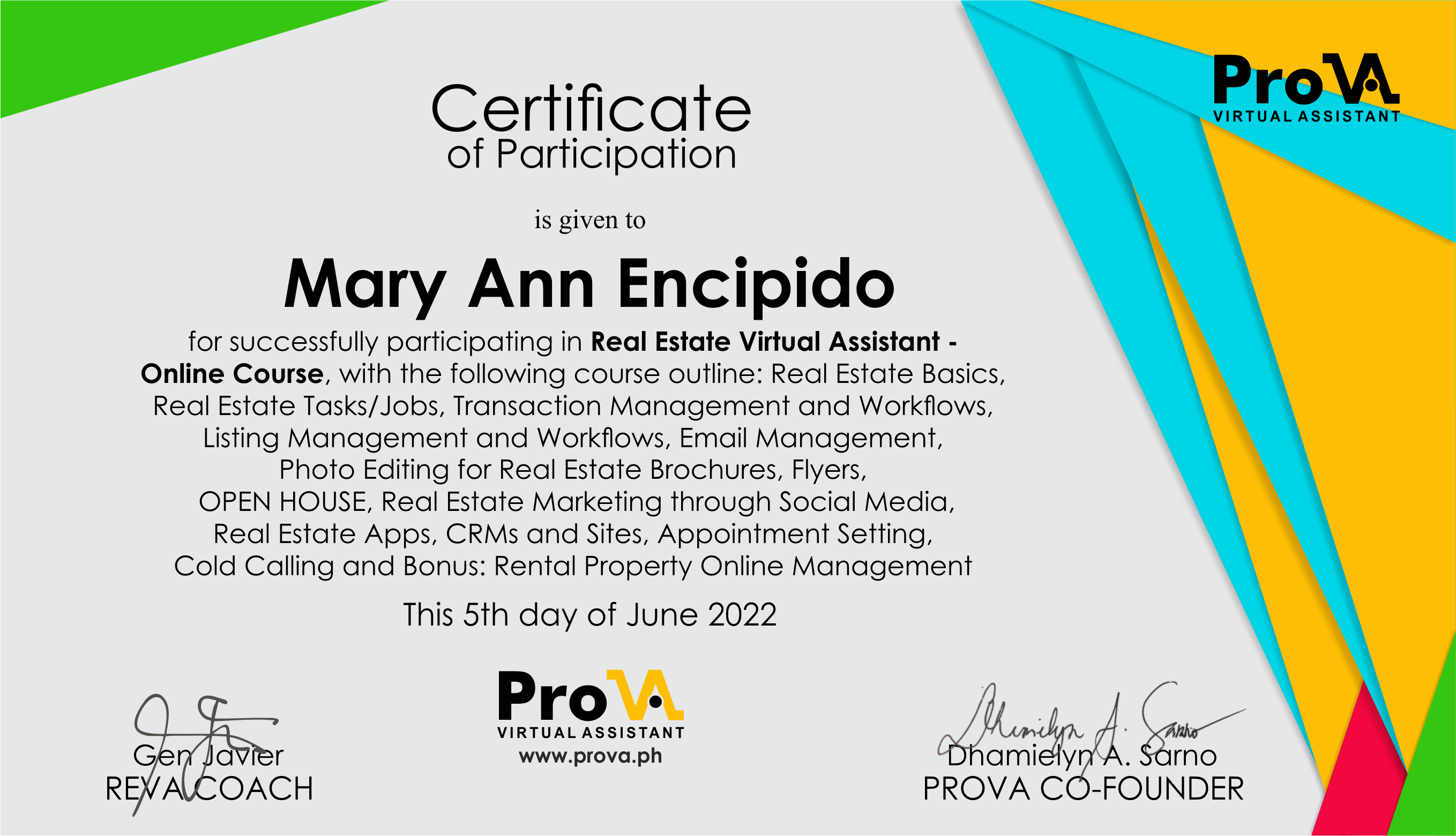 REAL ESTATE VIRTUAL ASSISTANT  CERTIFICATE