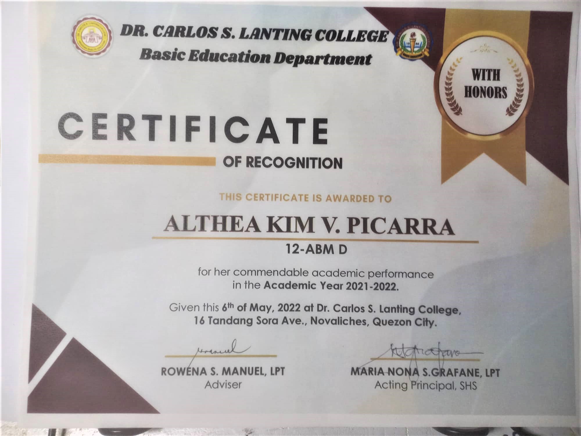 WITH HONORS CERTIFICATE