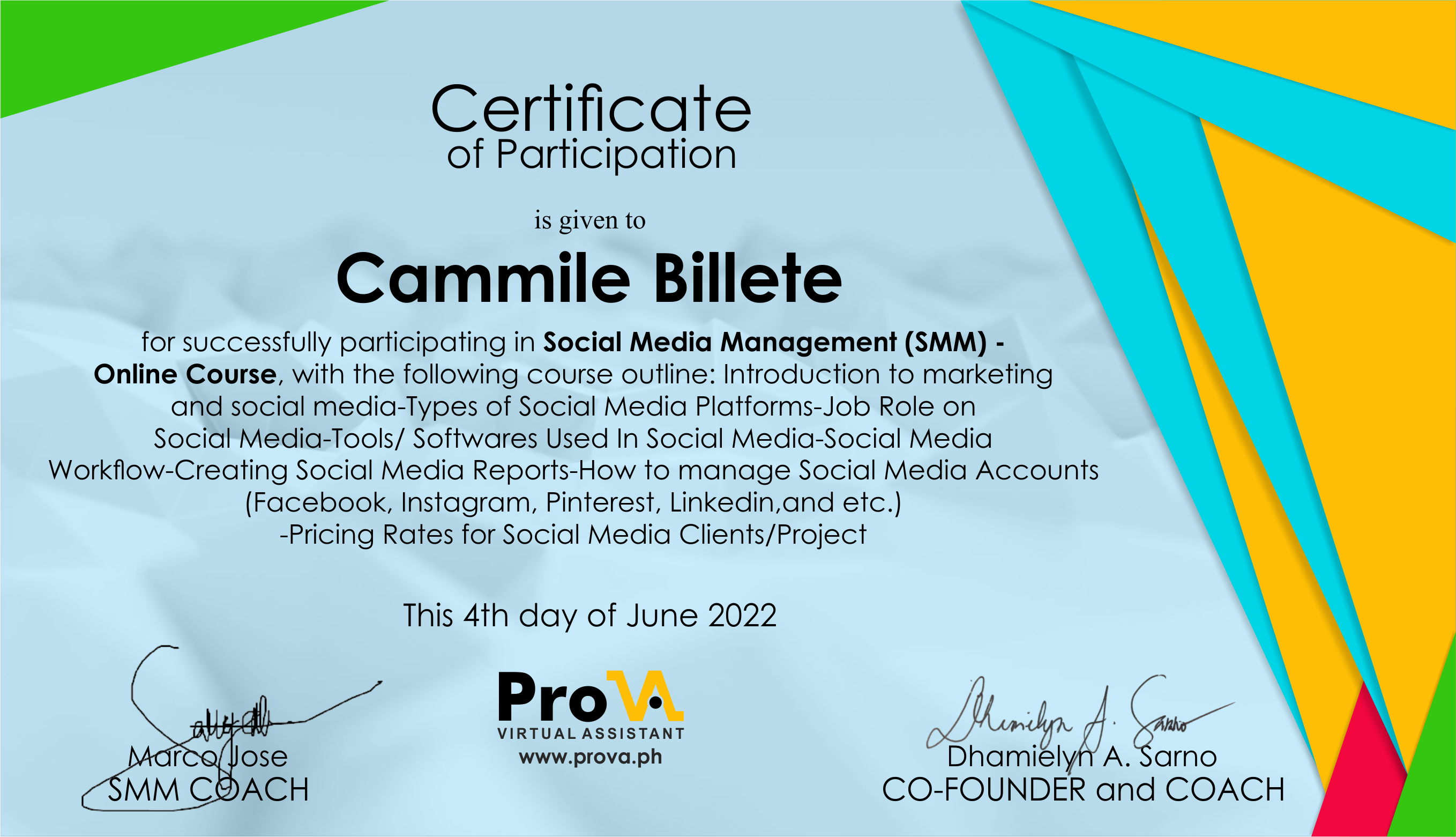 SMM Training Certificate