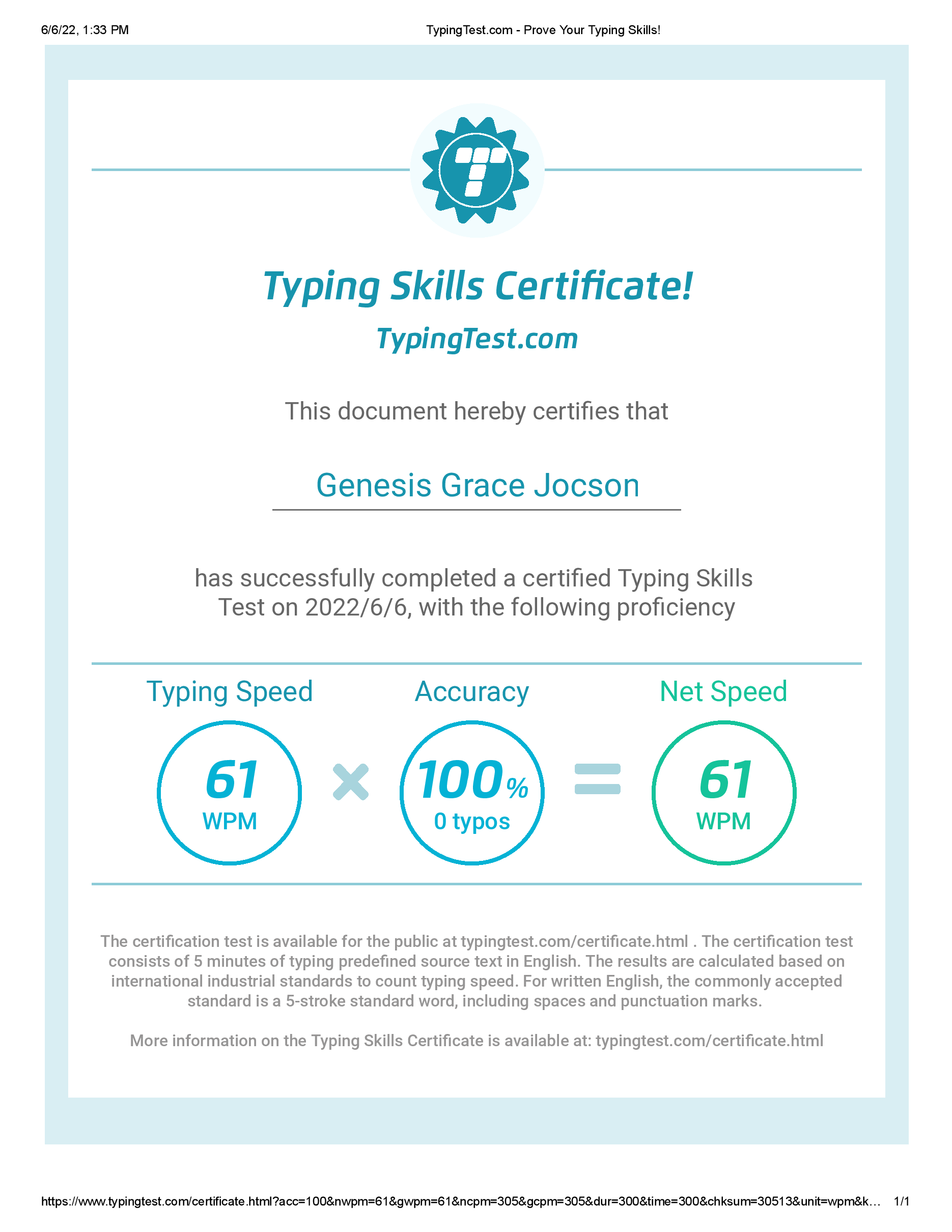 Typing Certificate