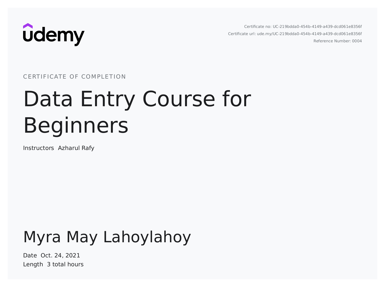 Data Entry Course Certificate