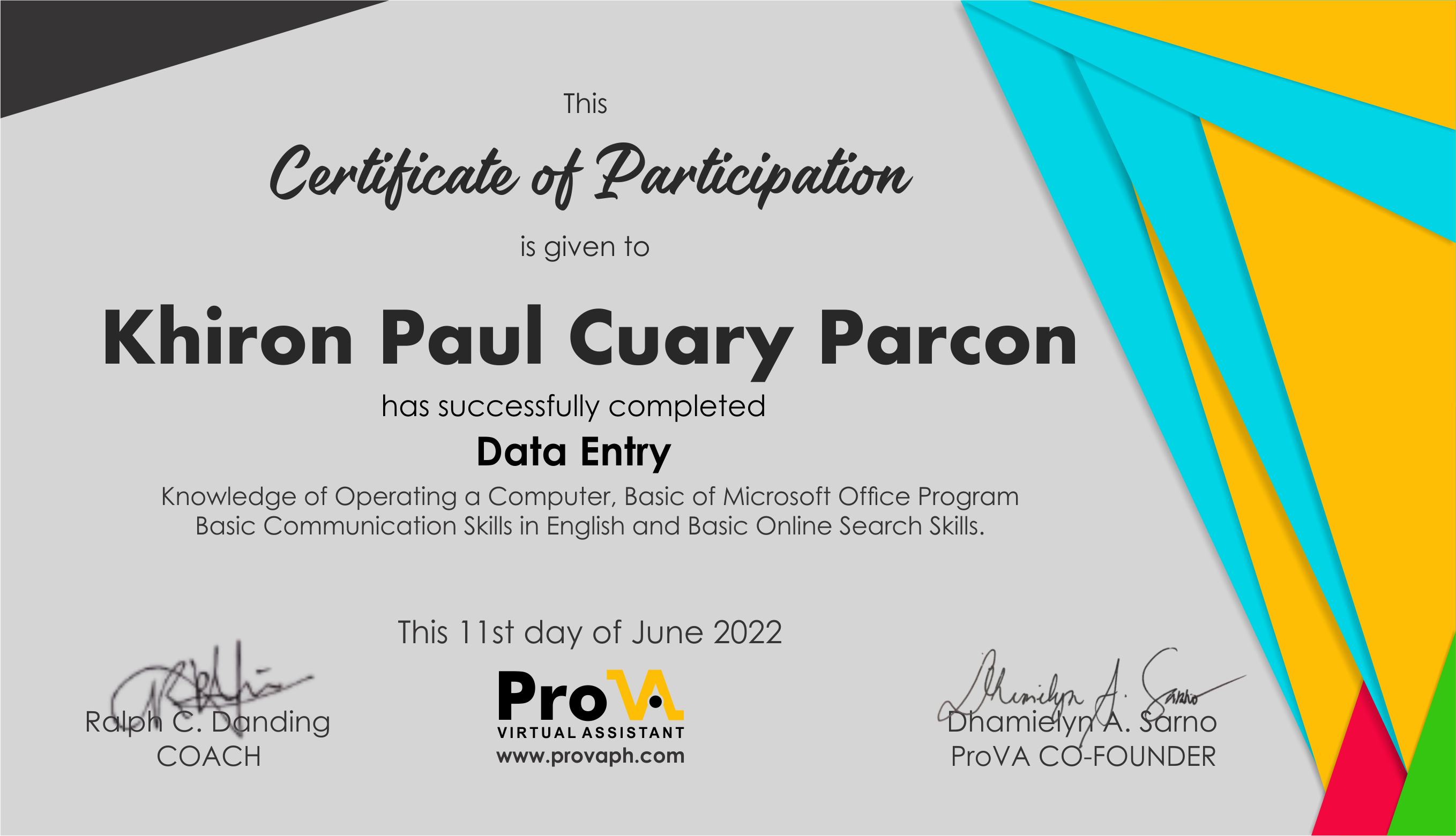 Data Entry Certificate