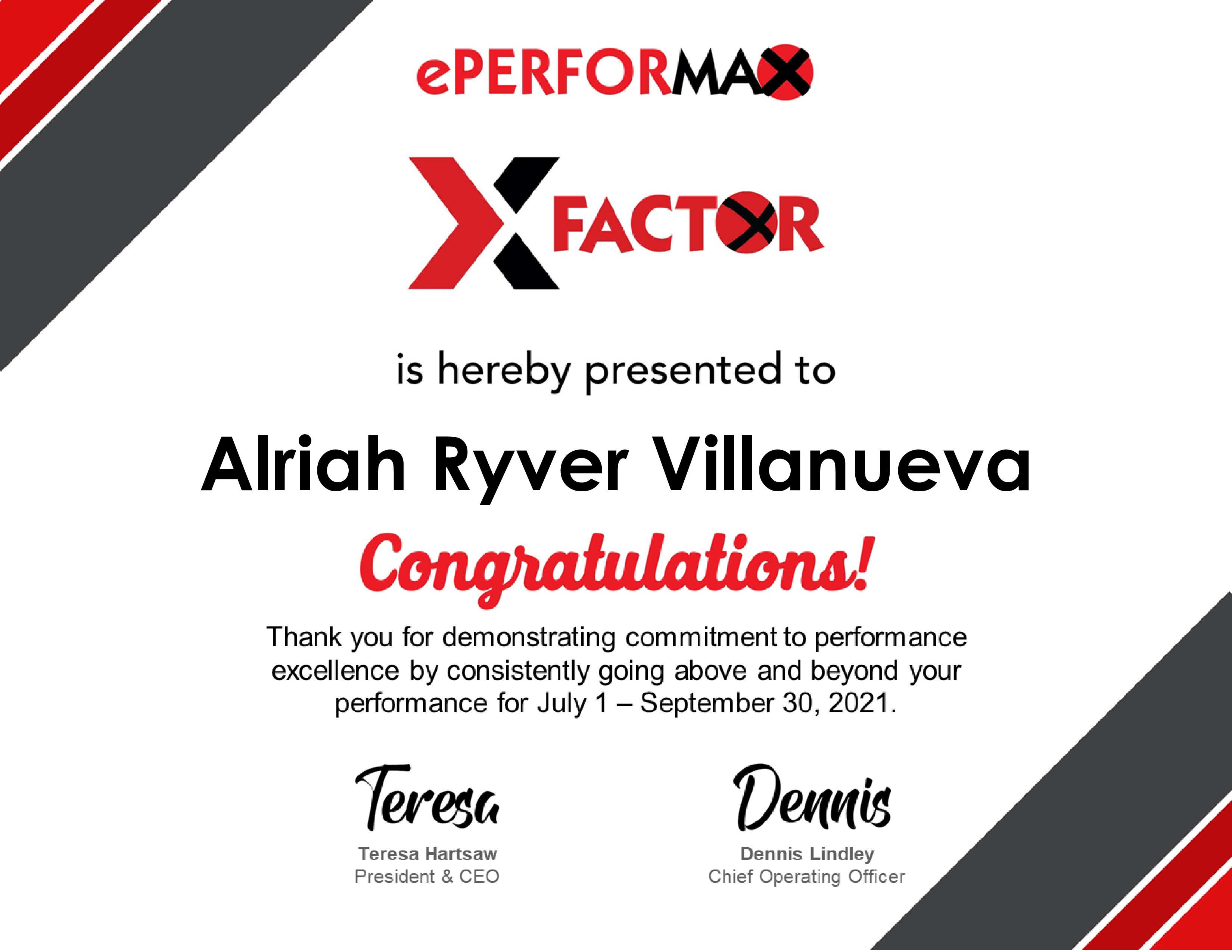 XFACTOR CERTIFICATE OF AWARD