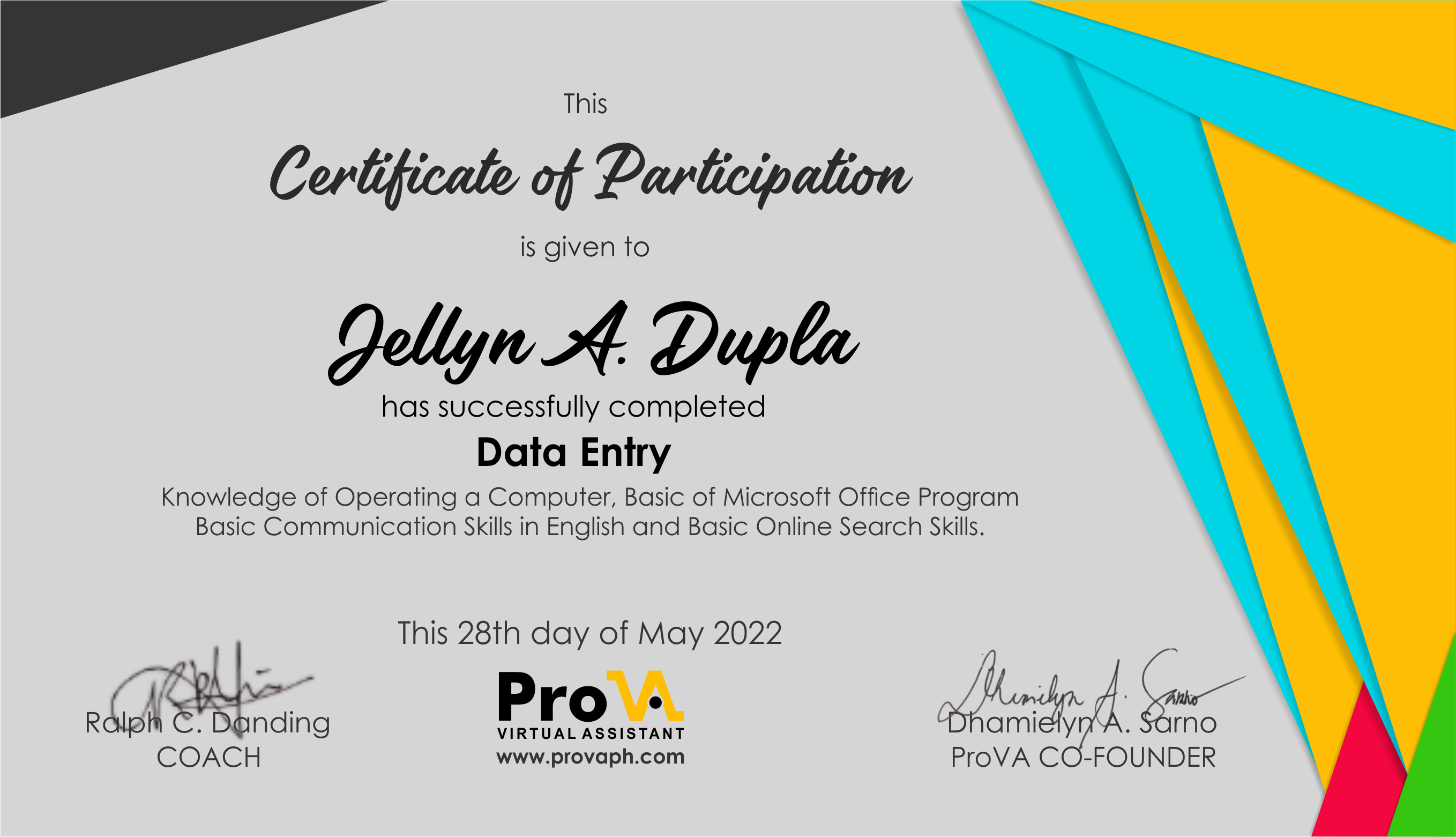 Data Entry  Certificate