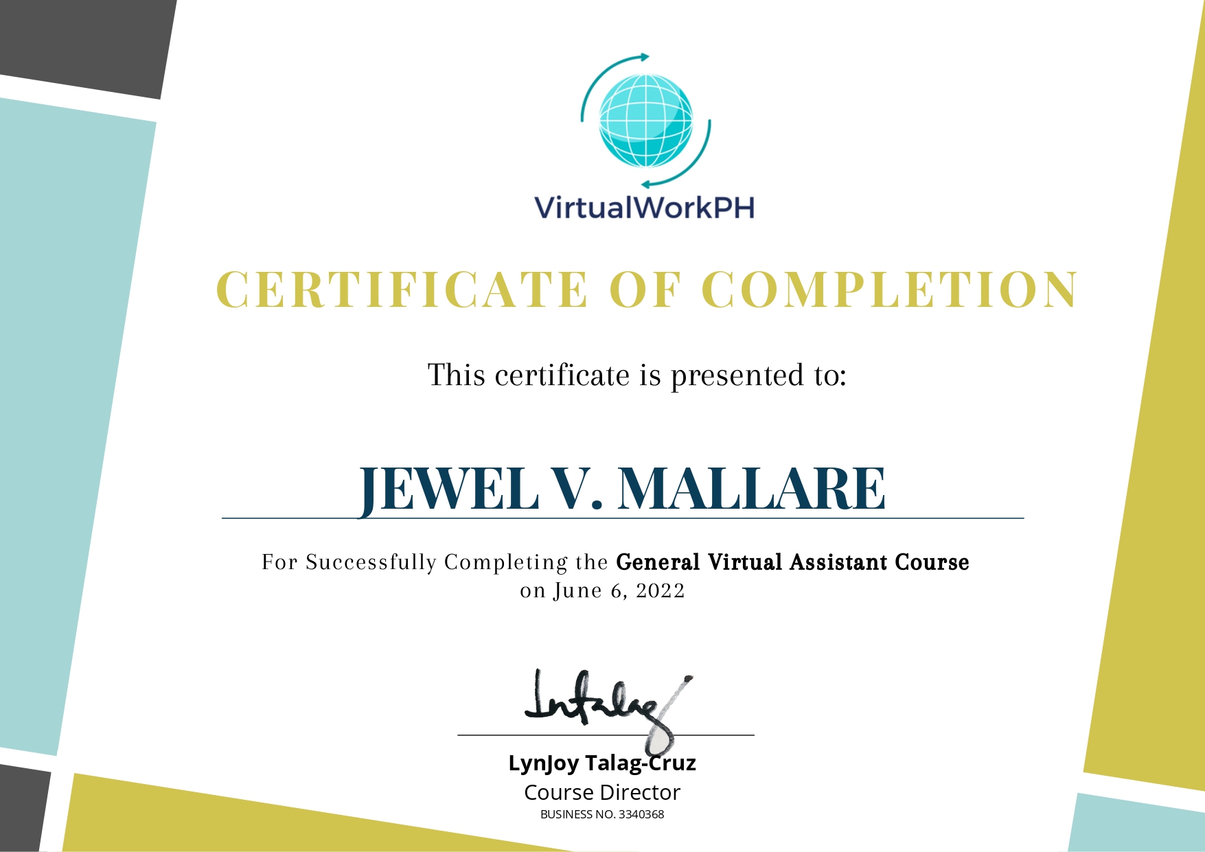 VirtualWorkPH GVA Certificate