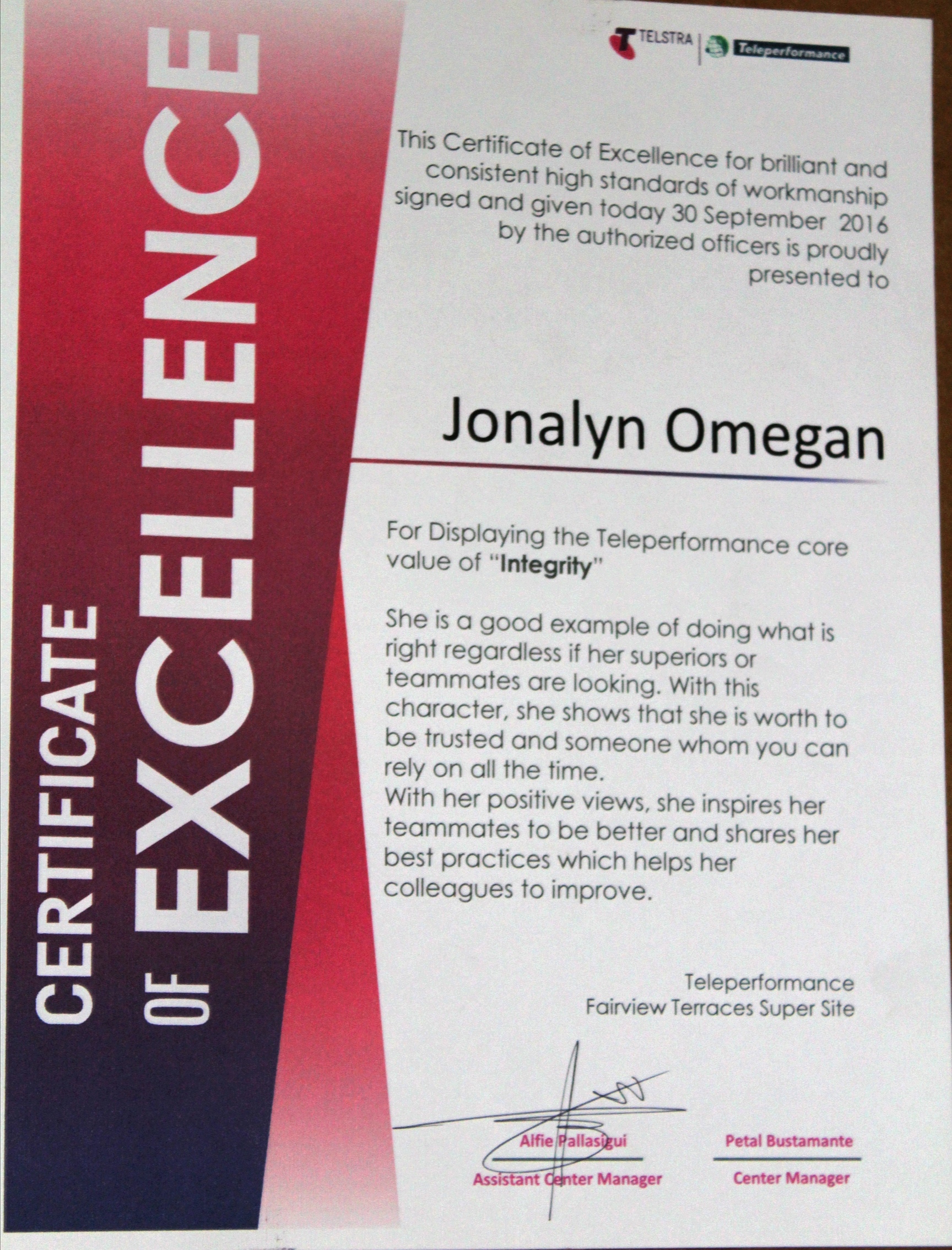 Integrity Awardee