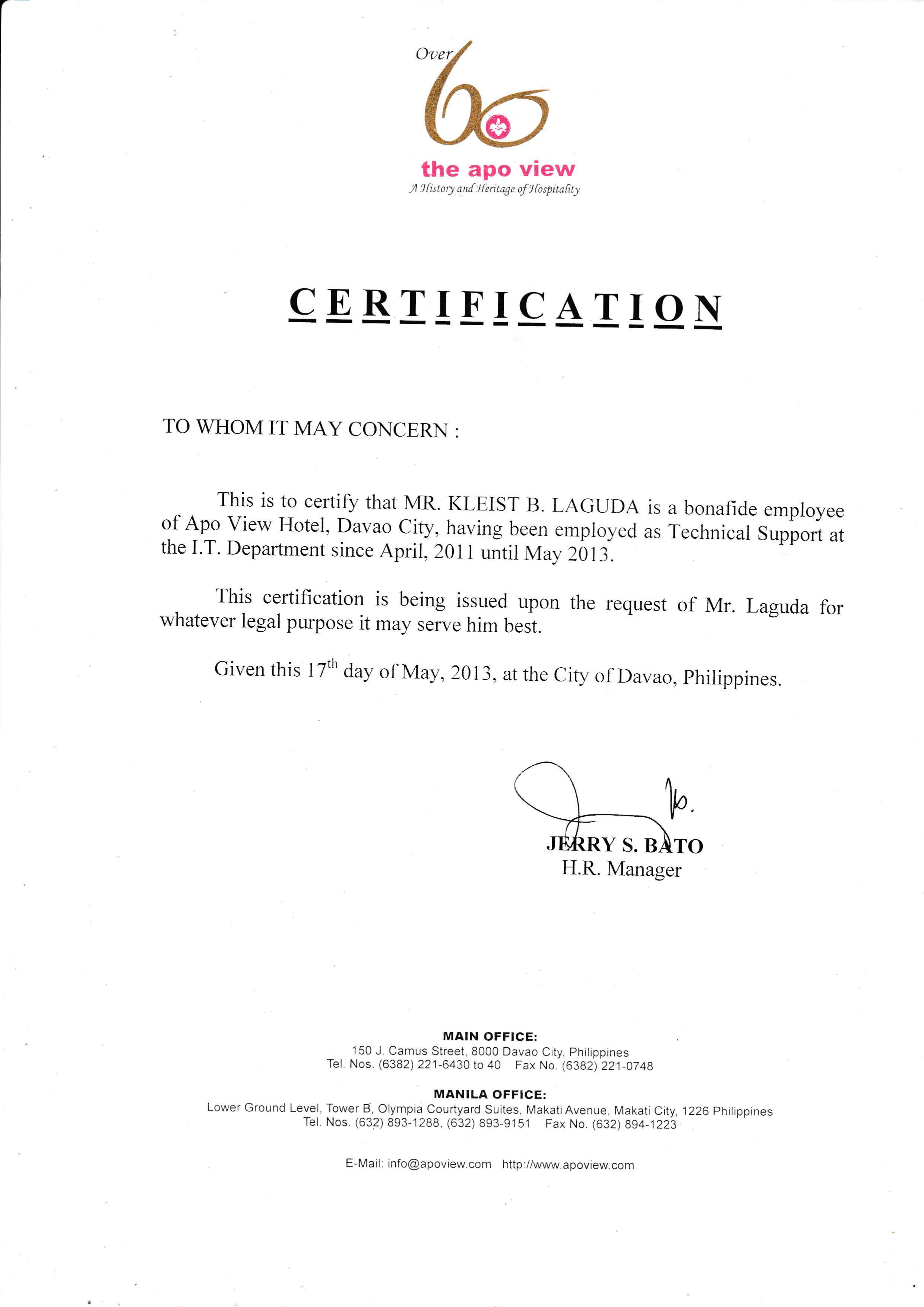 Certificate of Employment - Apo View Hotel
