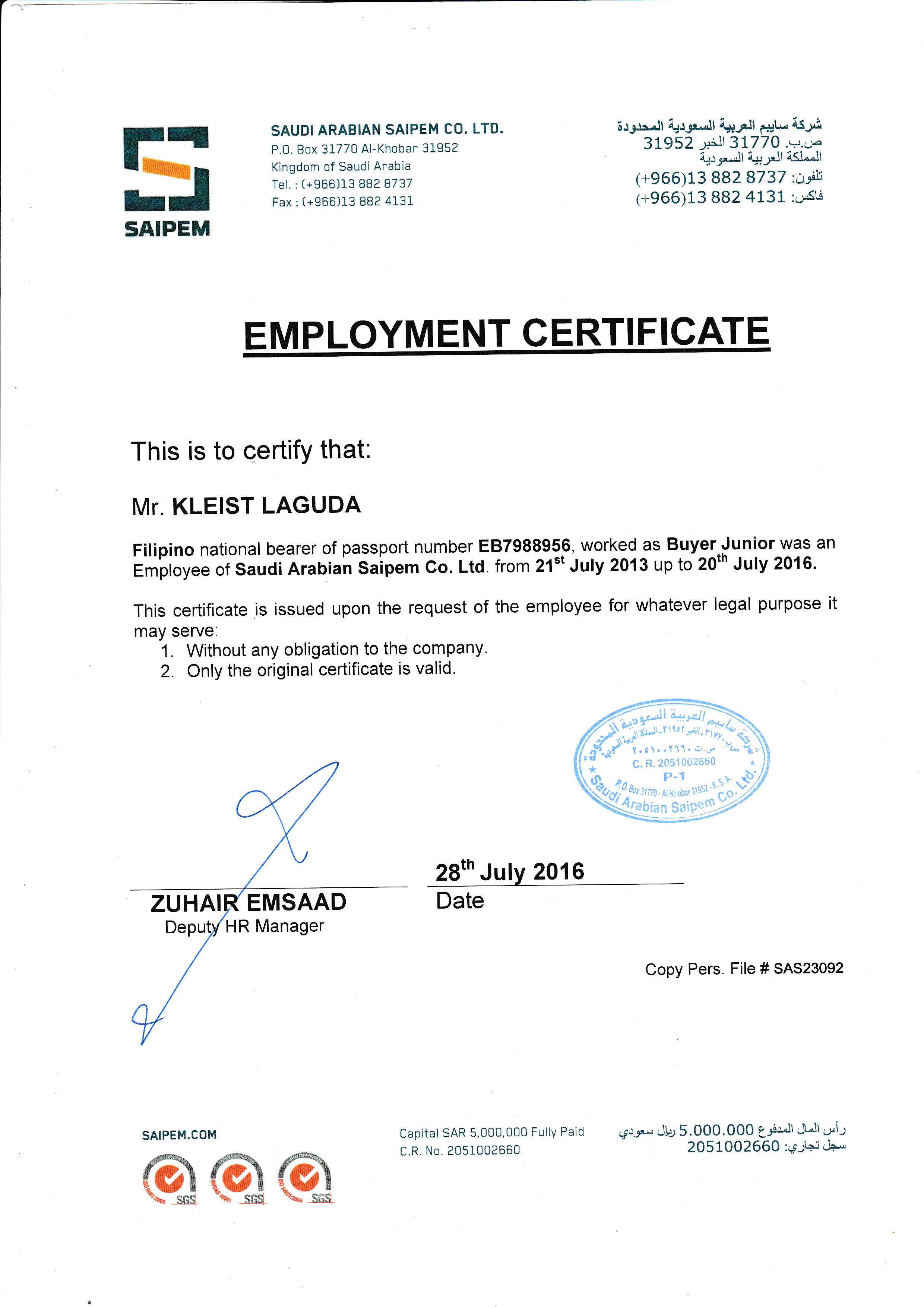 Certificate of Employment - Saudi Arabian Saipem