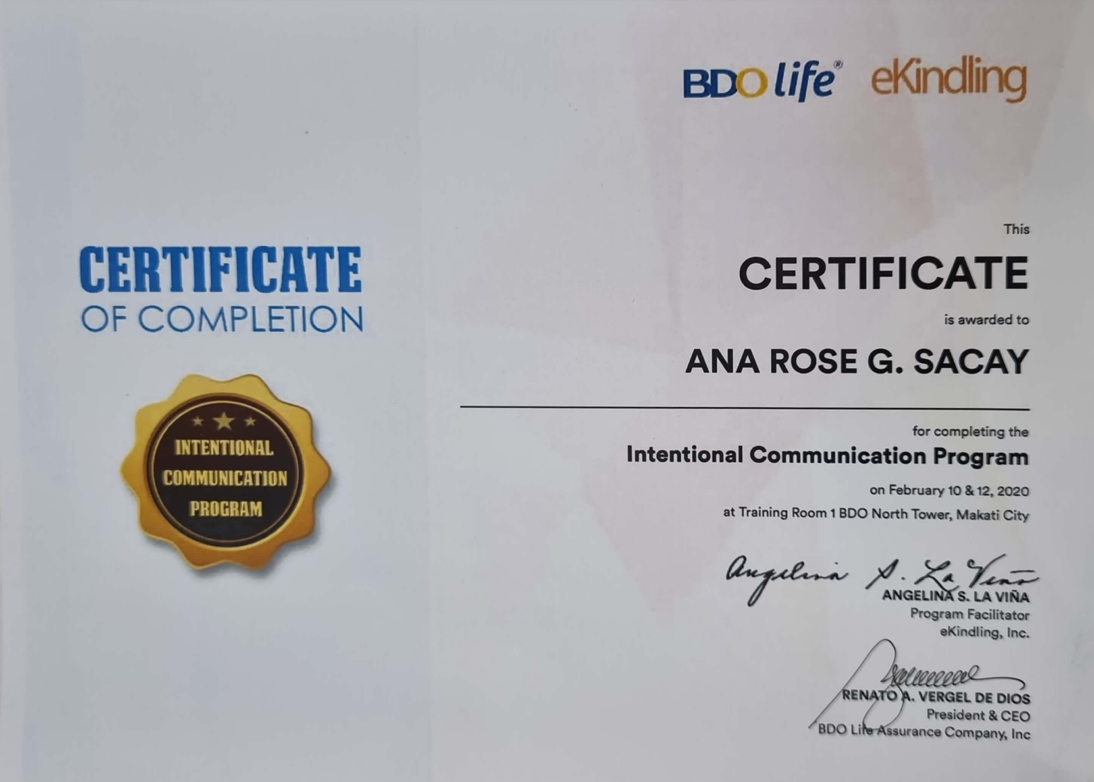 Certificate of Completion on Intentional Communication Program