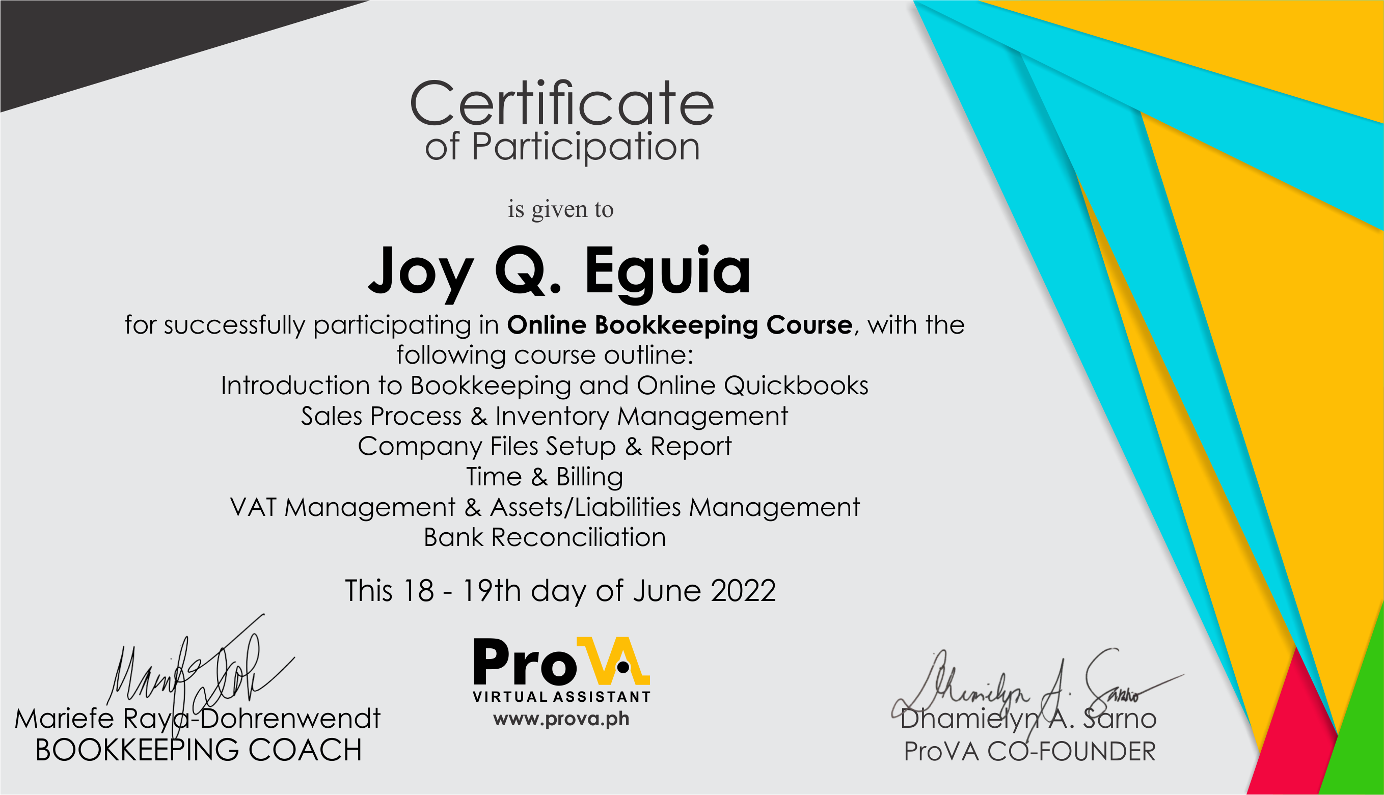 BOOKKEEPING CERTIFICATE