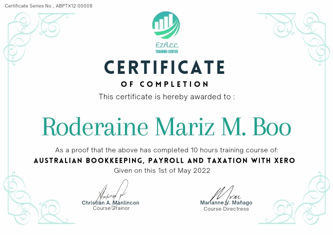 Certificate of Completion for Australian Bookkeeping , Taxation and Payroll