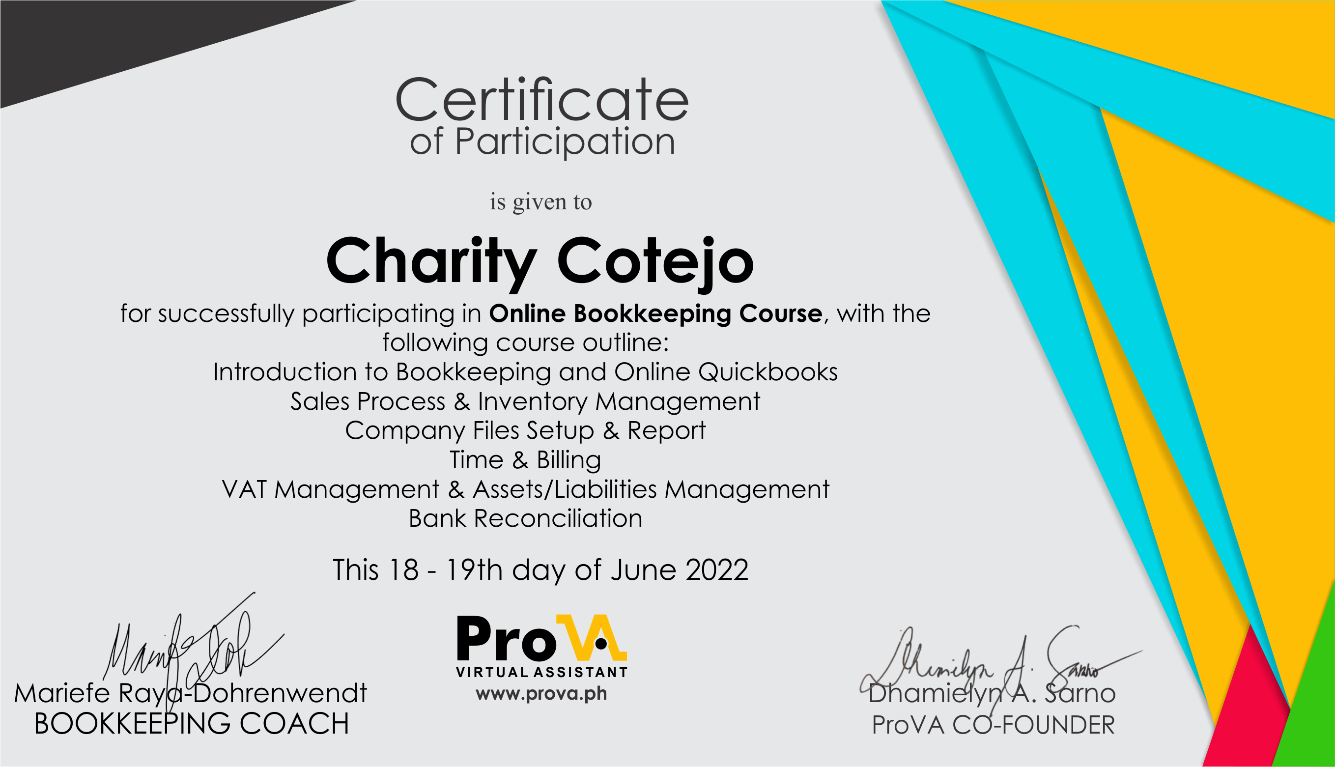 Bookkeeping Course Certificate