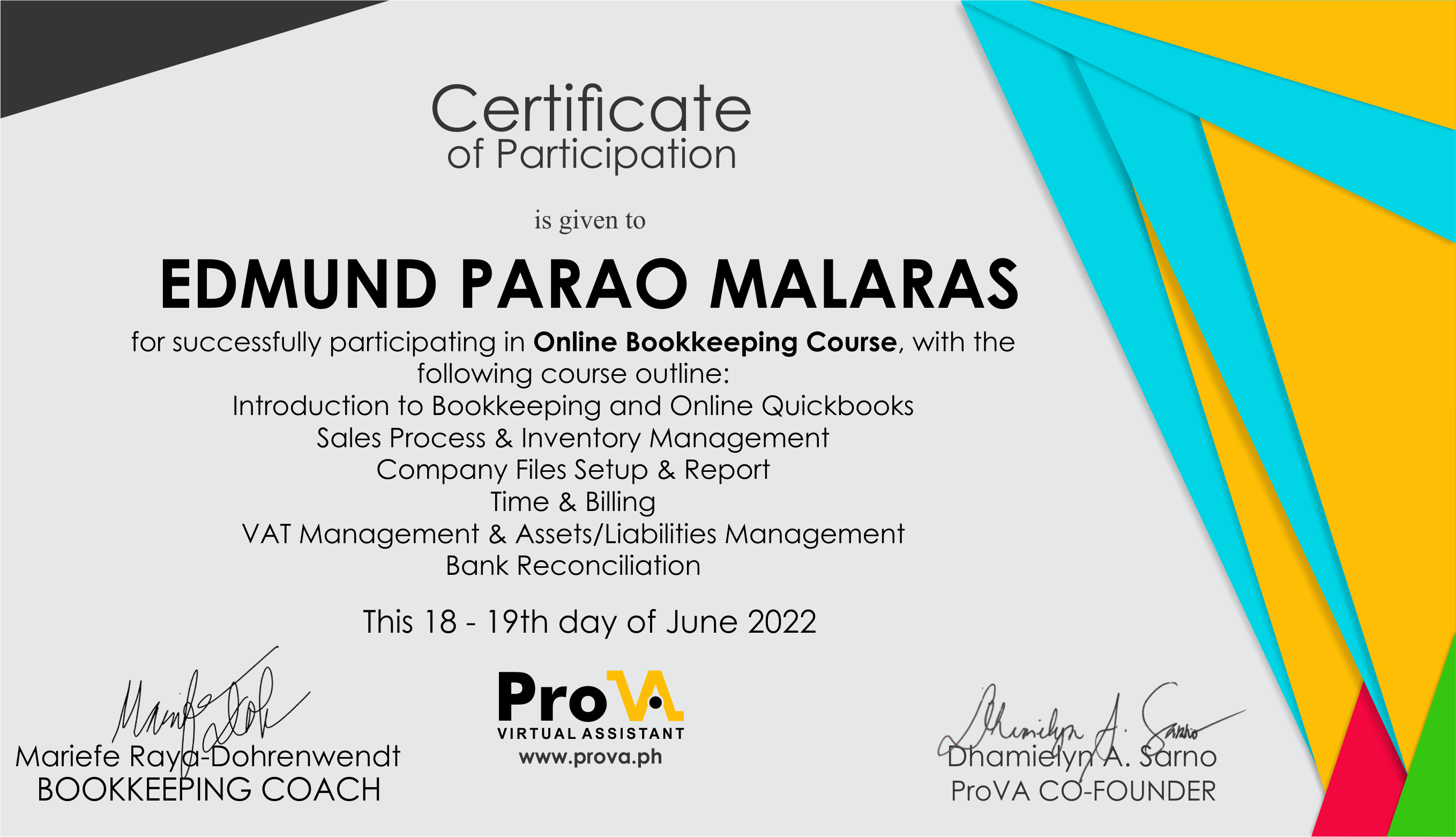 CERTIFICATE OF PARTICIPATION IN BOOKKEEPING