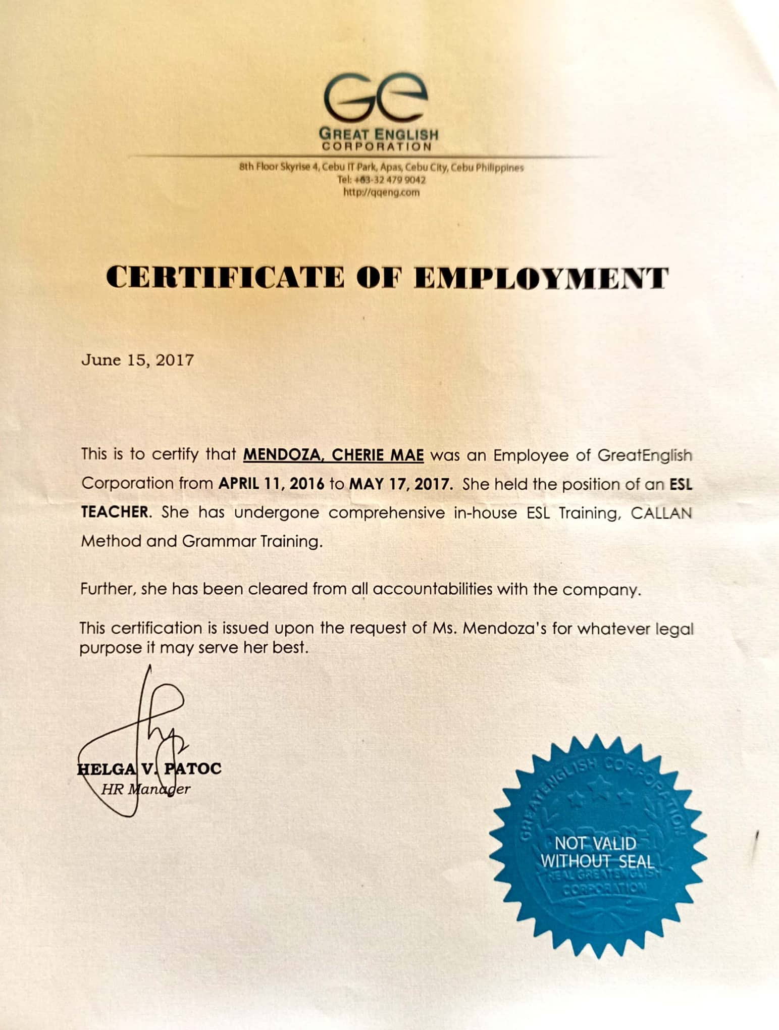 Certificate of Employment