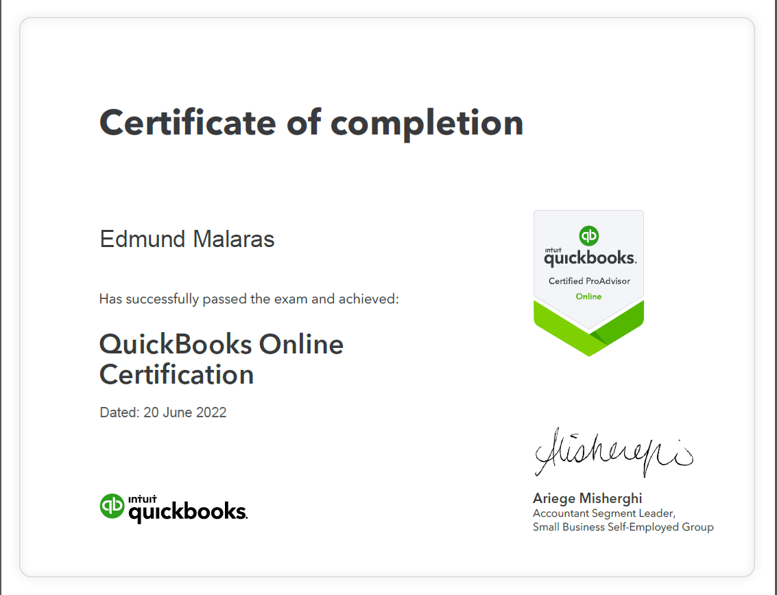 QUICKBOOKS - PROADVISOR CERTIFICATE