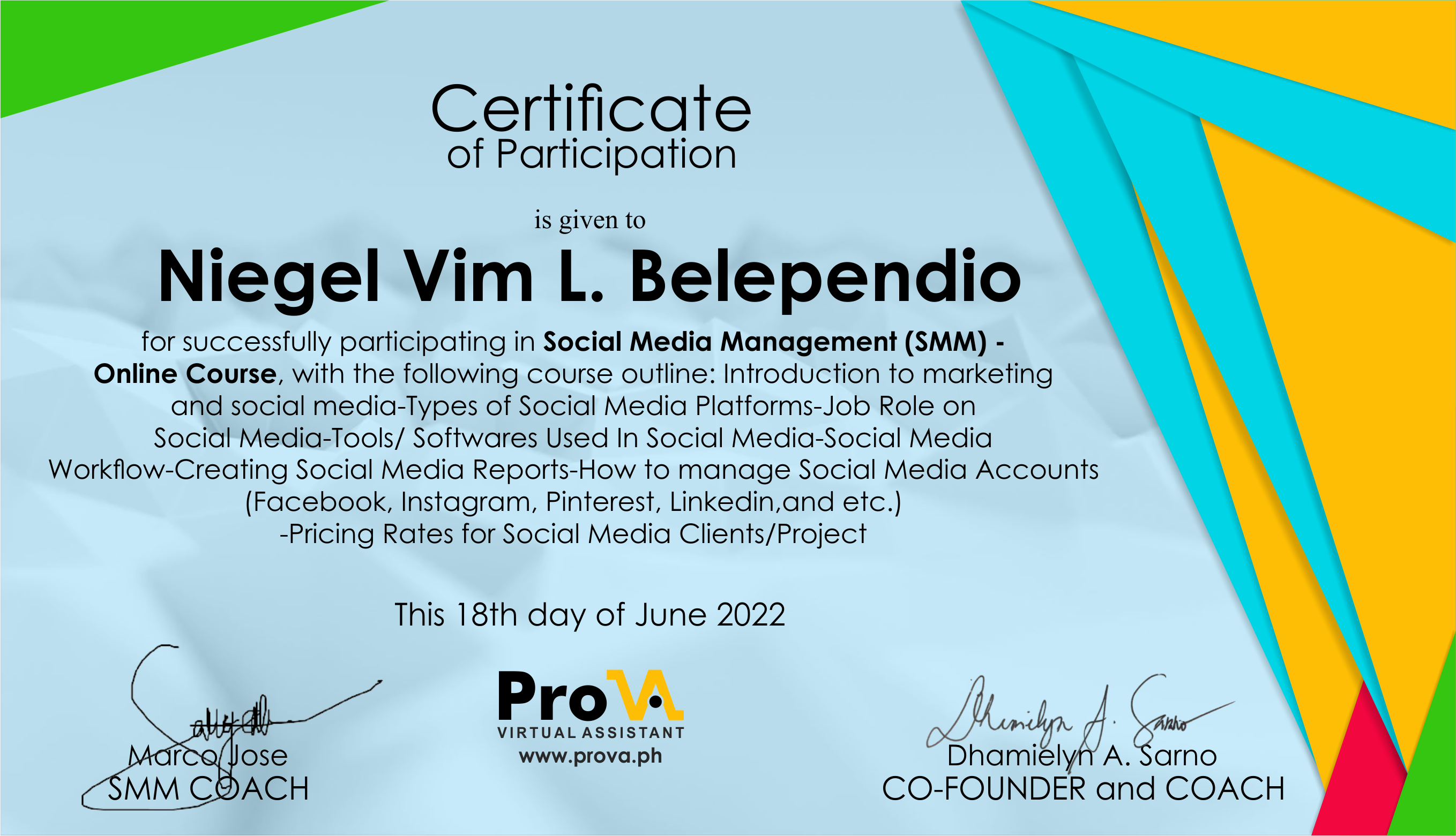 PRO VA SMM Certificate