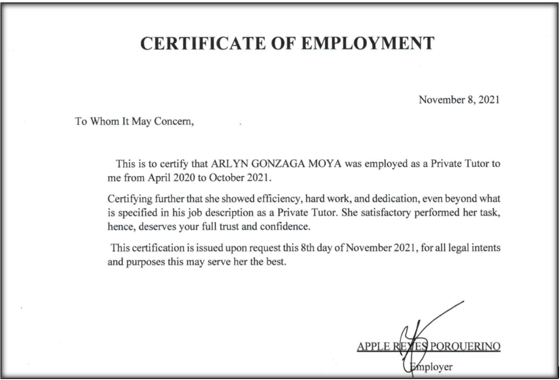 Certificate of Employment