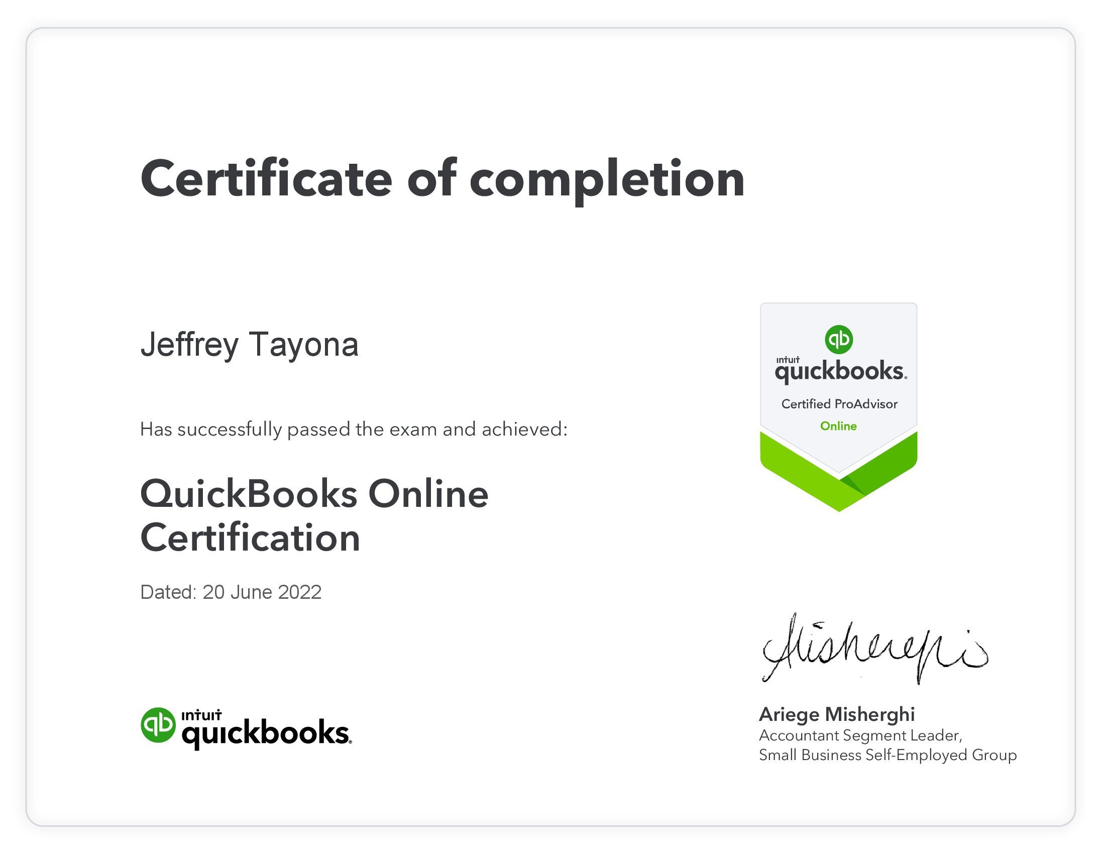 Quickbooks Online Certificate