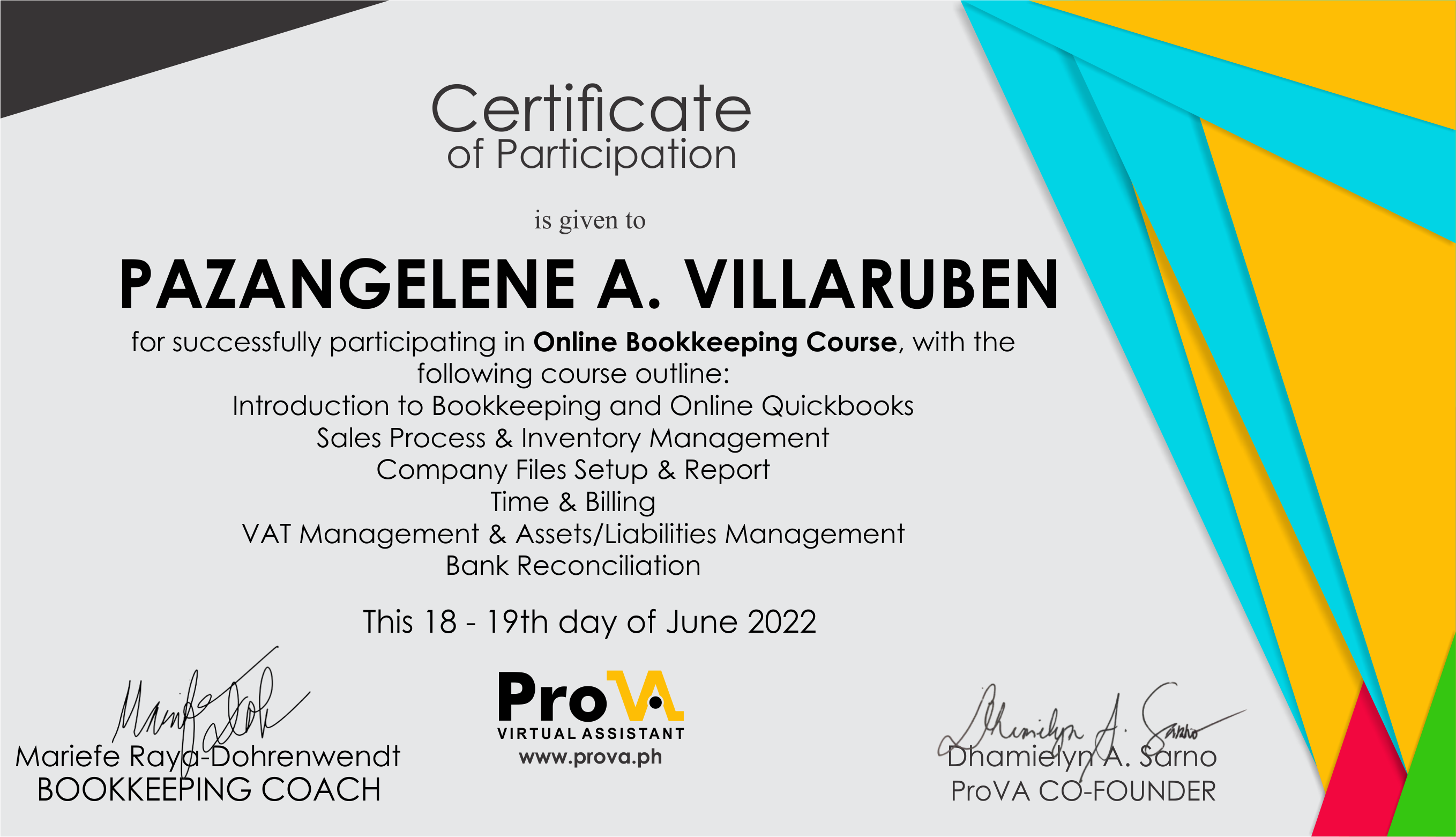 Certificate of Participation in Online Bookkeeping Course