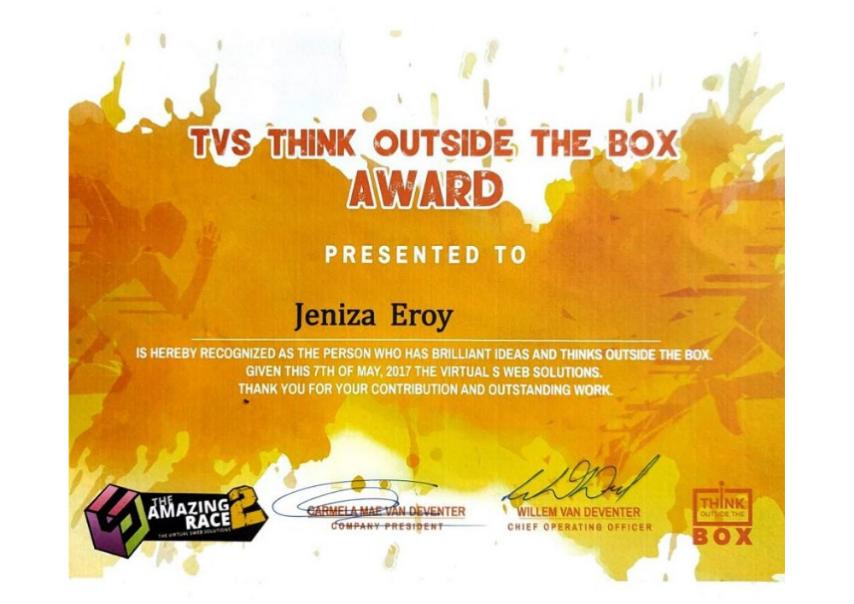 TVS Think Outside the Box Certificate