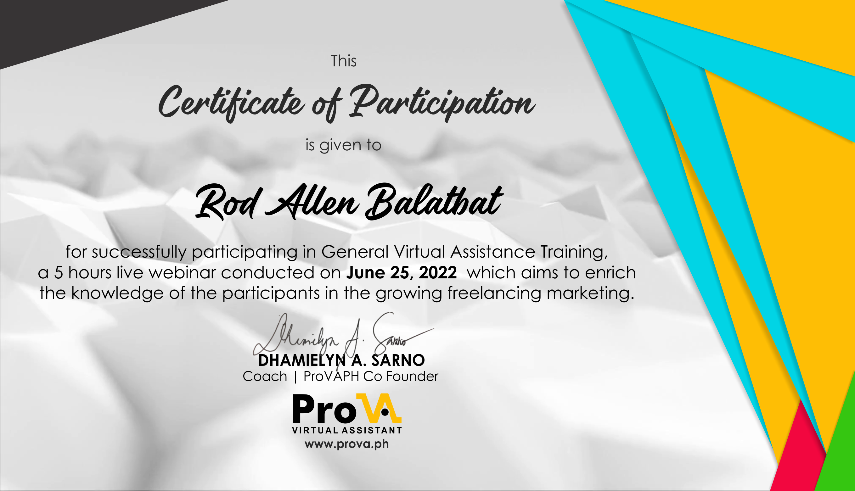 Certificate of Participation - General Virtual Assistant