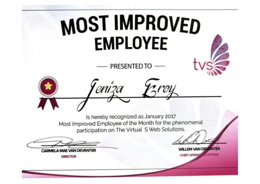 TVS Most Improved Certificate