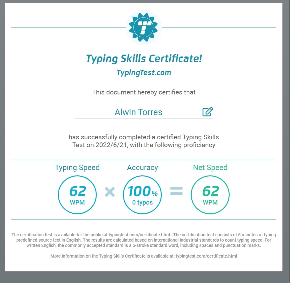 Typing Test Certificate