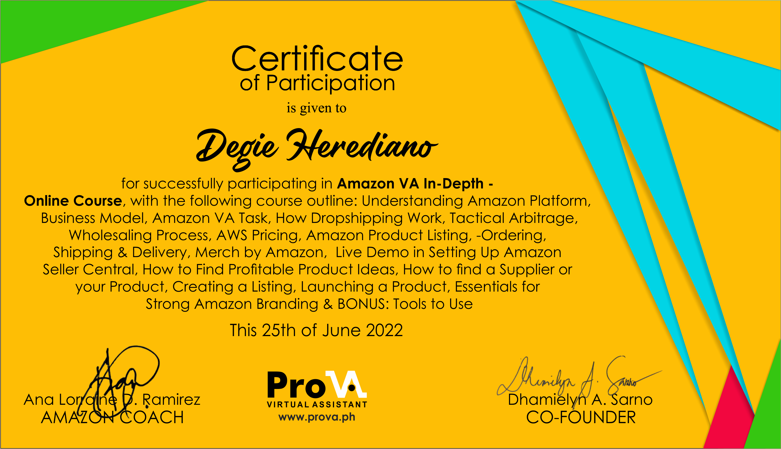 Amazon VA Certificate of Participation